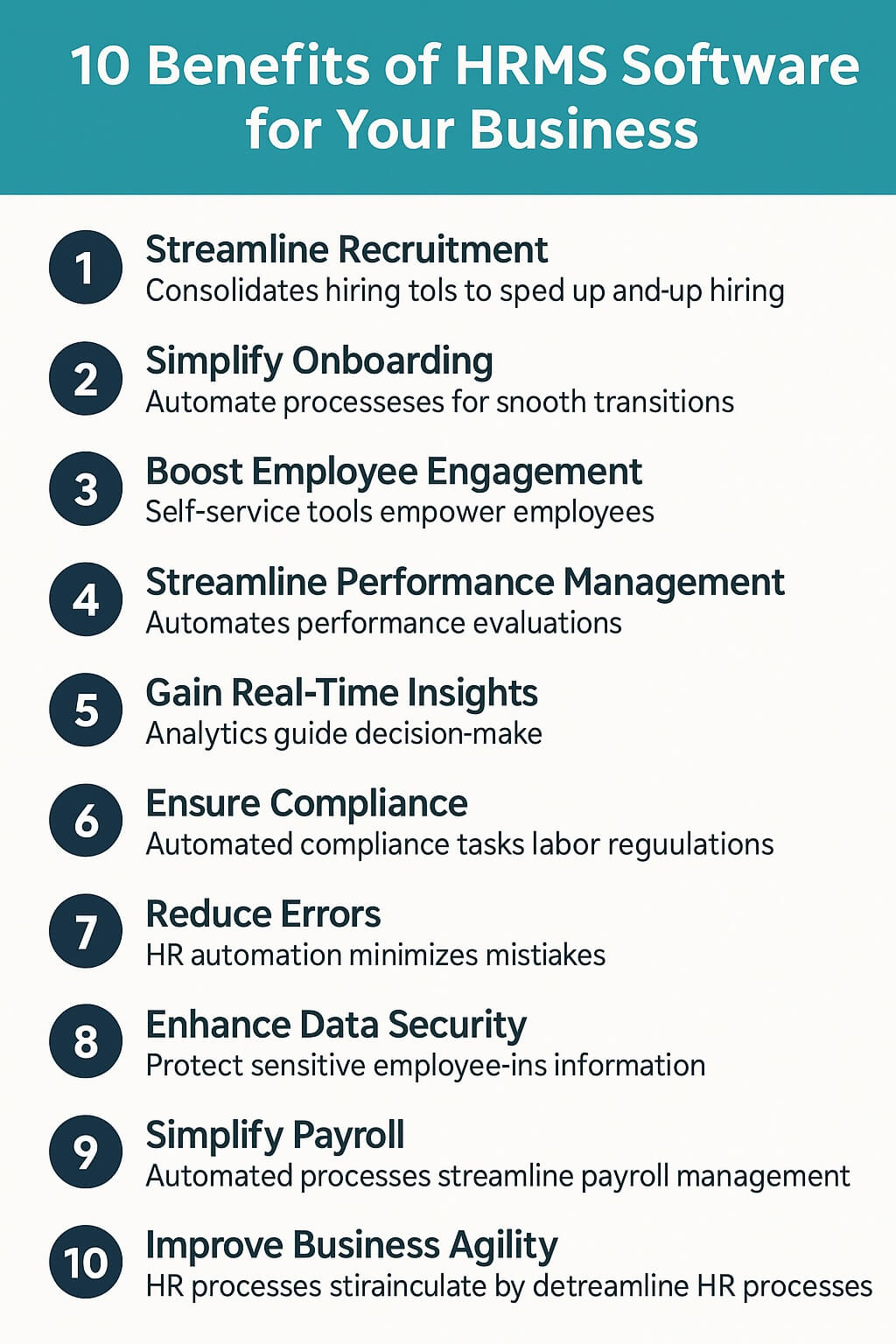 Infographic titled “10 Benefits of HRMS Software for Your Business” with icons and short descriptions showing how HRMS streamlines hiring, onboarding, engagement, analytics, payroll, and compliance for greater efficiency and agility.