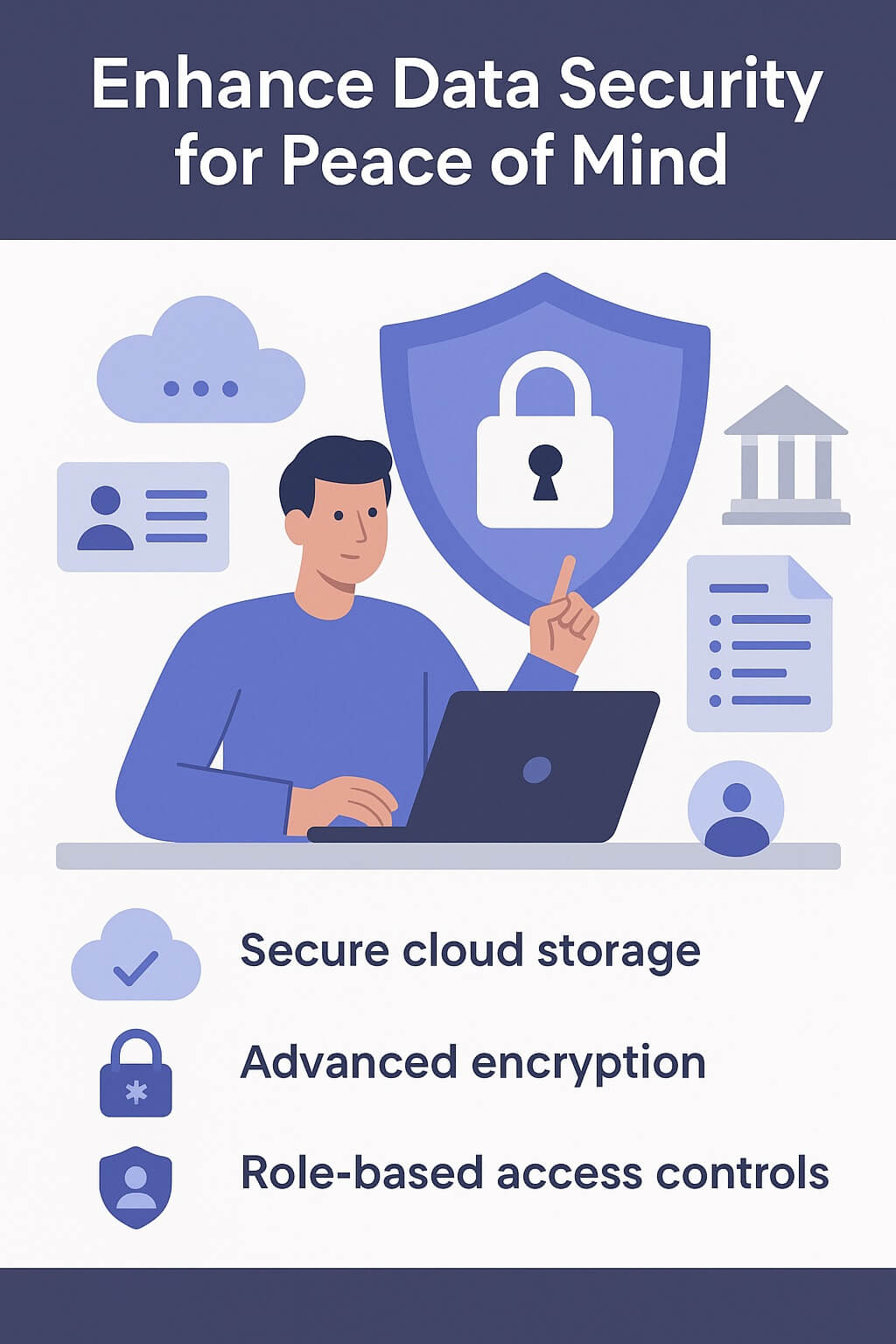 Infographic illustrating HRMS data protection through secure cloud storage, encryption, and role-based access controls.
