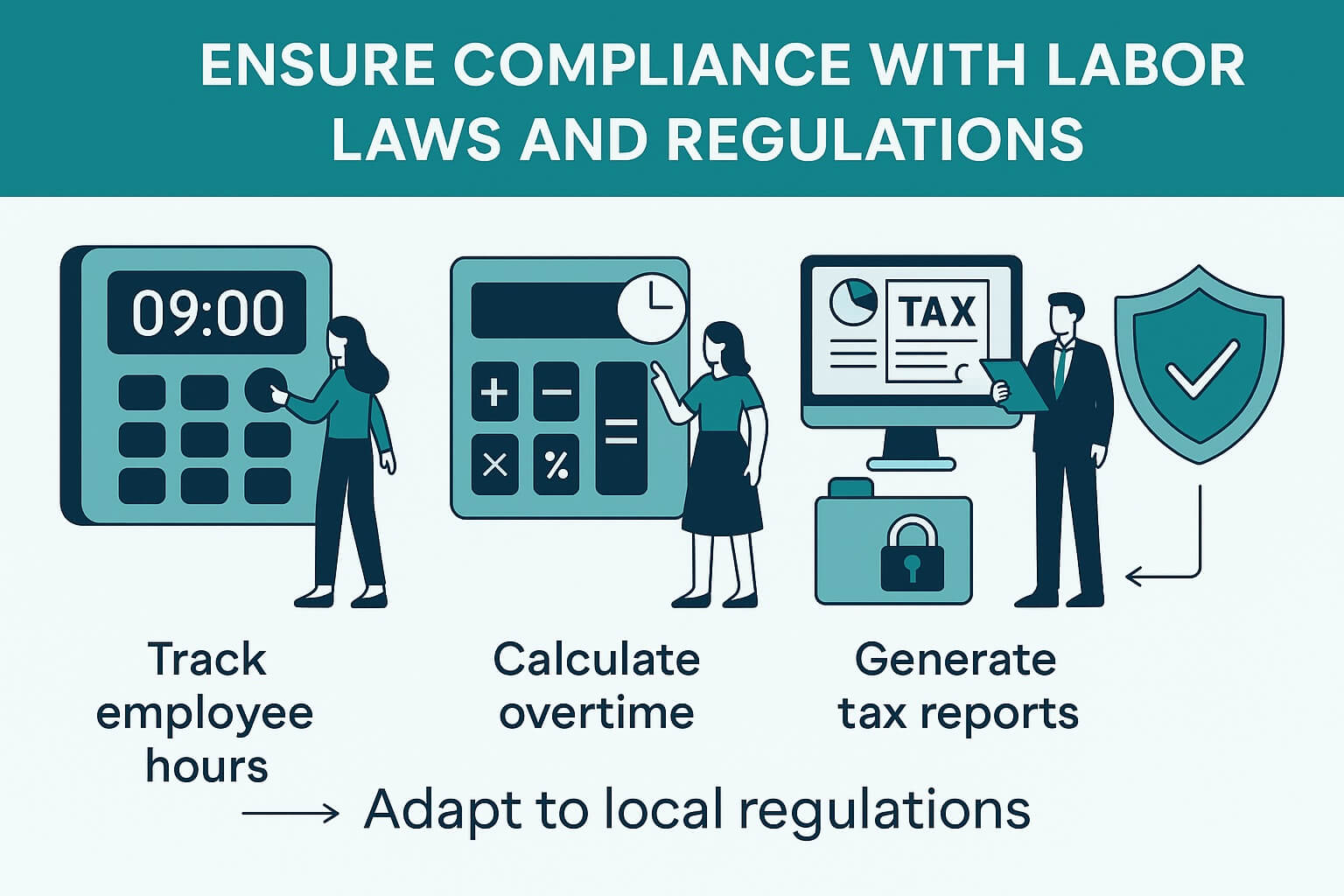 Infographic showing how HRMS software automates compliance tasks like tracking hours, managing payroll, and adapting to local labor laws.