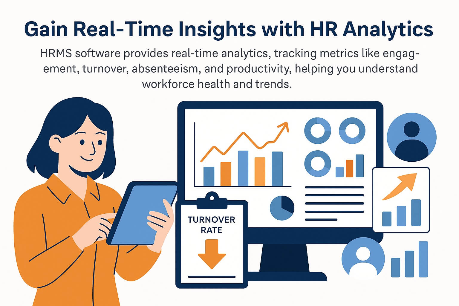 Infographic illustrating how HRMS analytics tracks engagement, turnover, absenteeism, and productivity for better workforce insights.