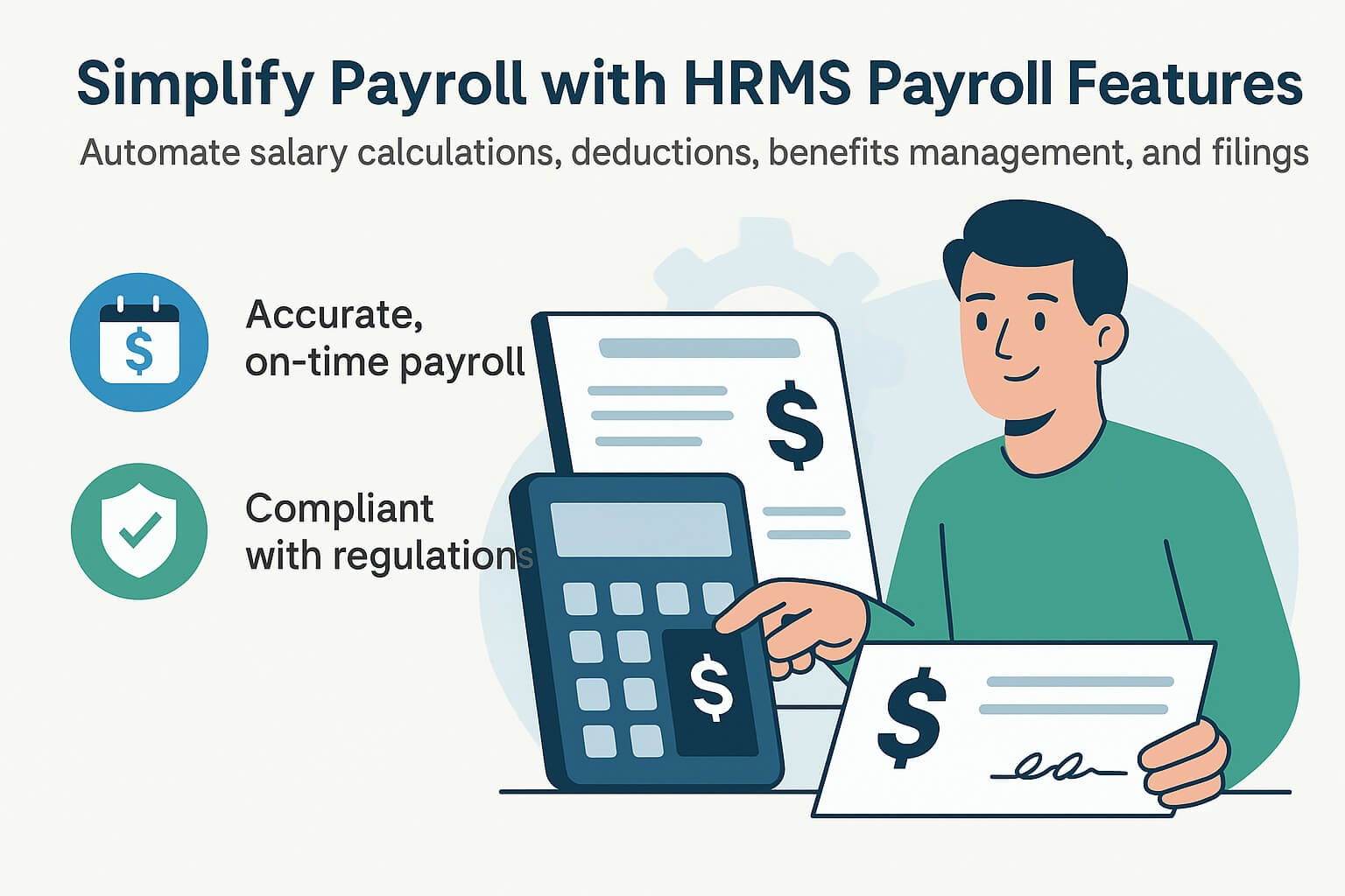 Infographic illustrating HRMS payroll automation with icons of payroll accuracy, compliance, and secure financial management.
