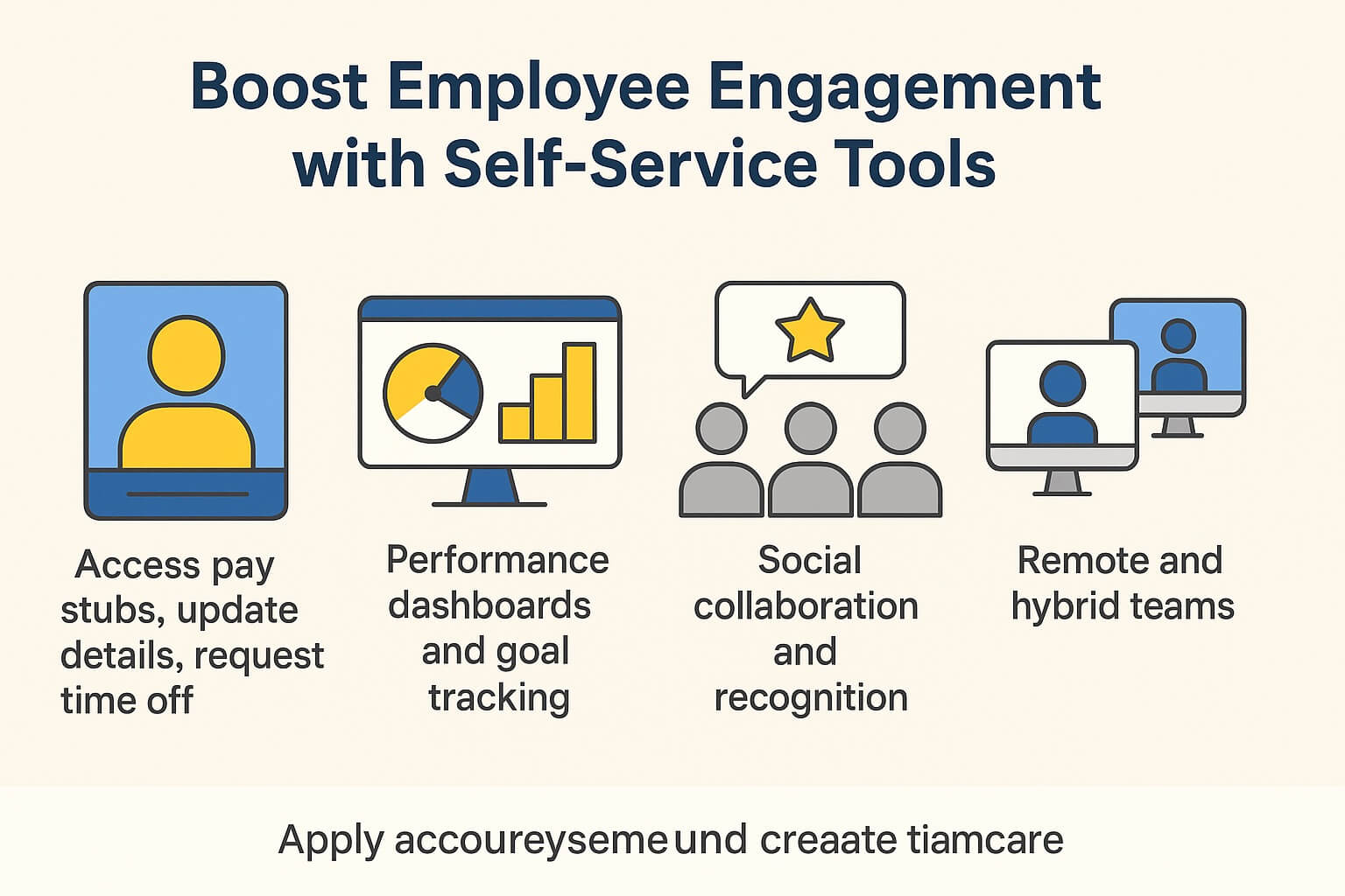 Infographic titled “Boost Employee Engagement with Self-Service Tools” showing icons for pay access, performance dashboards, collaboration, and remote teamwork, illustrating key HRMS engagement features.