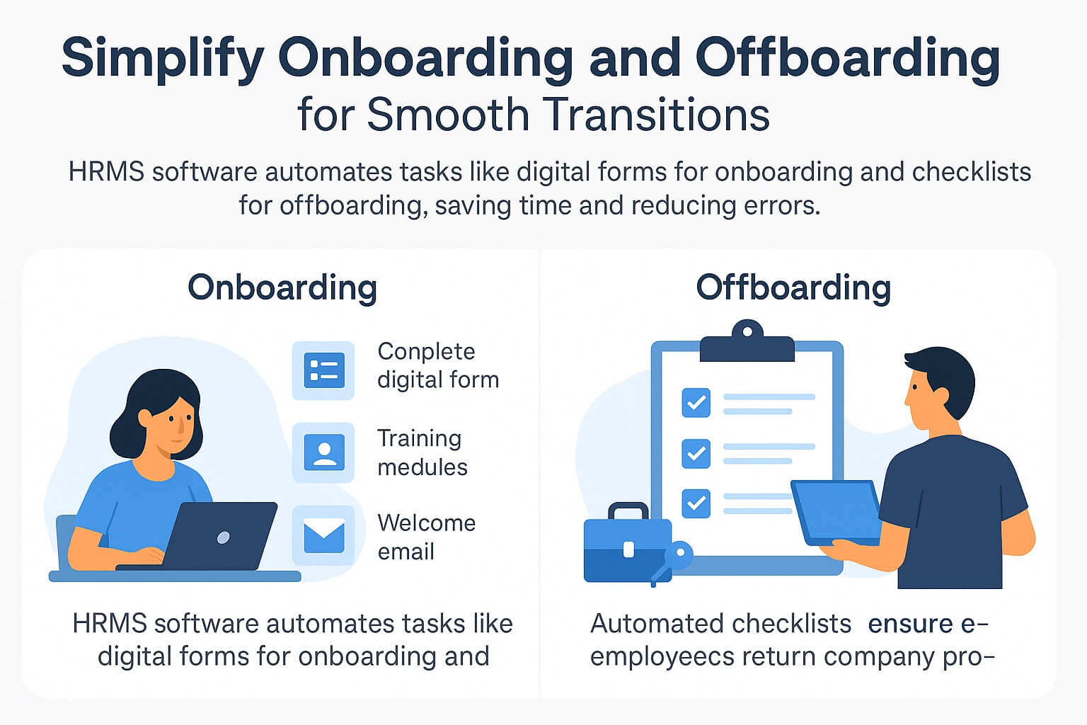 Infographic titled “Simplify Onboarding and Offboarding for Smooth Transitions,” showing two sections with icons for onboarding tasks like forms and welcome emails, and offboarding tasks like property return and access removal.