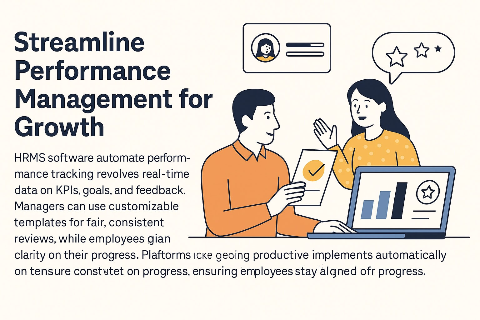 Infographic titled “Streamline Performance Management for Growth” with icons for KPI tracking, goal setting, customizable reviews, and 360-degree feedback illustrating HRMS performance tools.