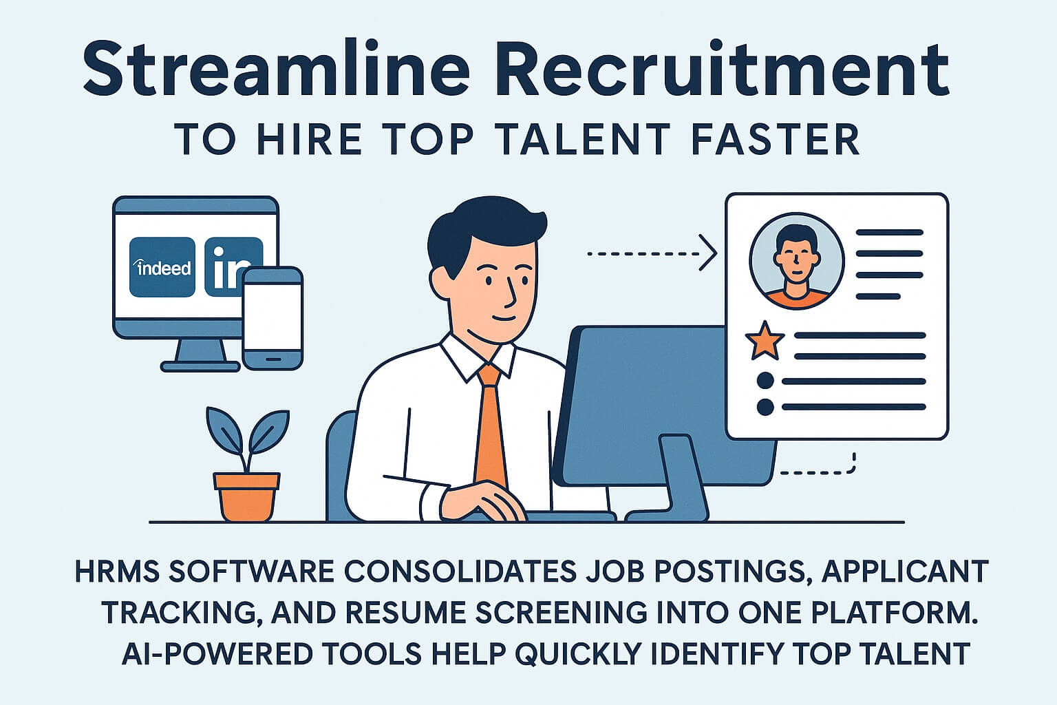 Infographic titled “Streamline Recruitment to Hire Top Talent Faster,” with visuals of a recruiter using HRMS software to manage job postings and screen resumes through AI-based tools.