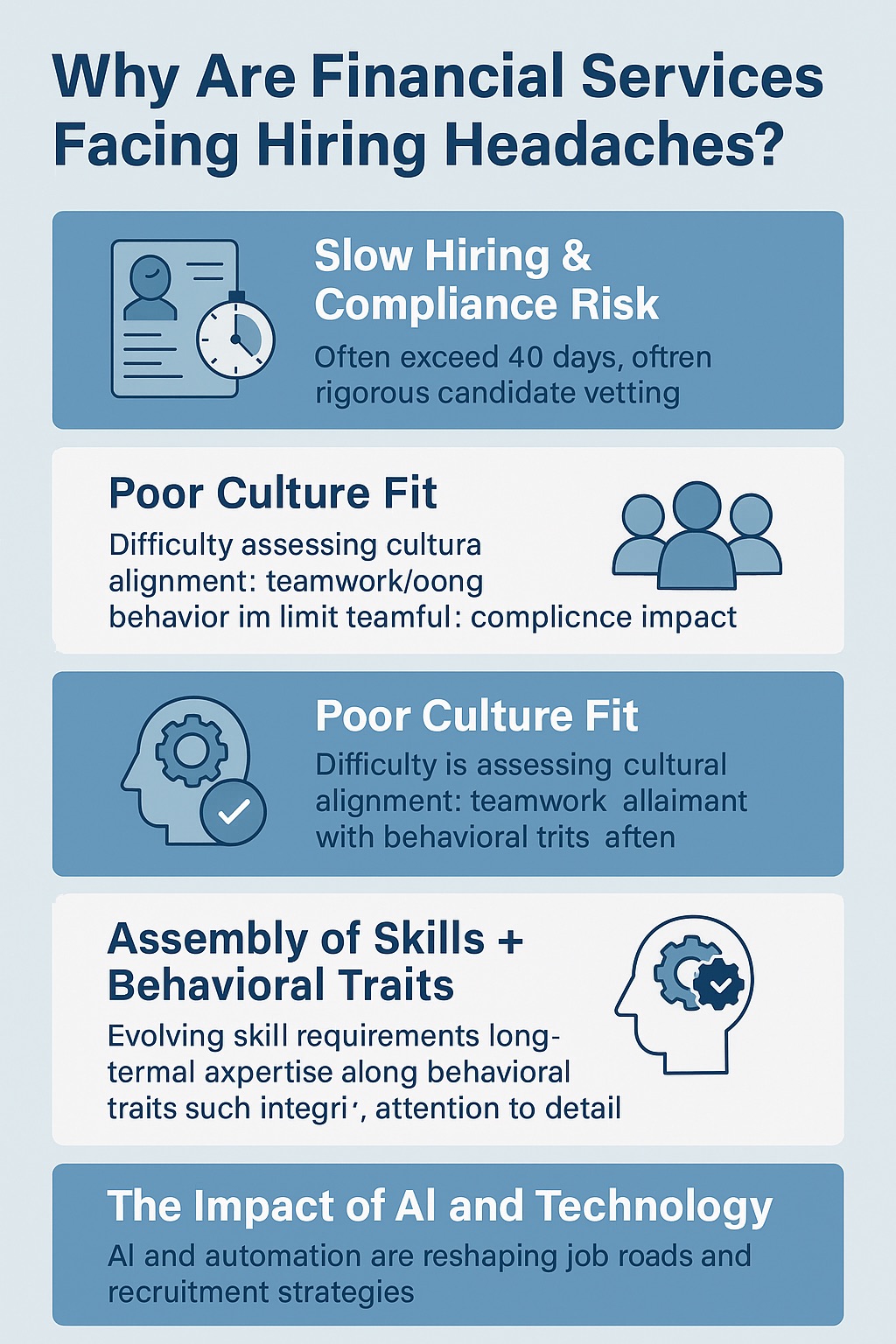 Infographic illustrating key hiring challenges in the financial services industry, including slow hiring, compliance risks, culture fit issues, evolving skill requirements, and the impact of AI