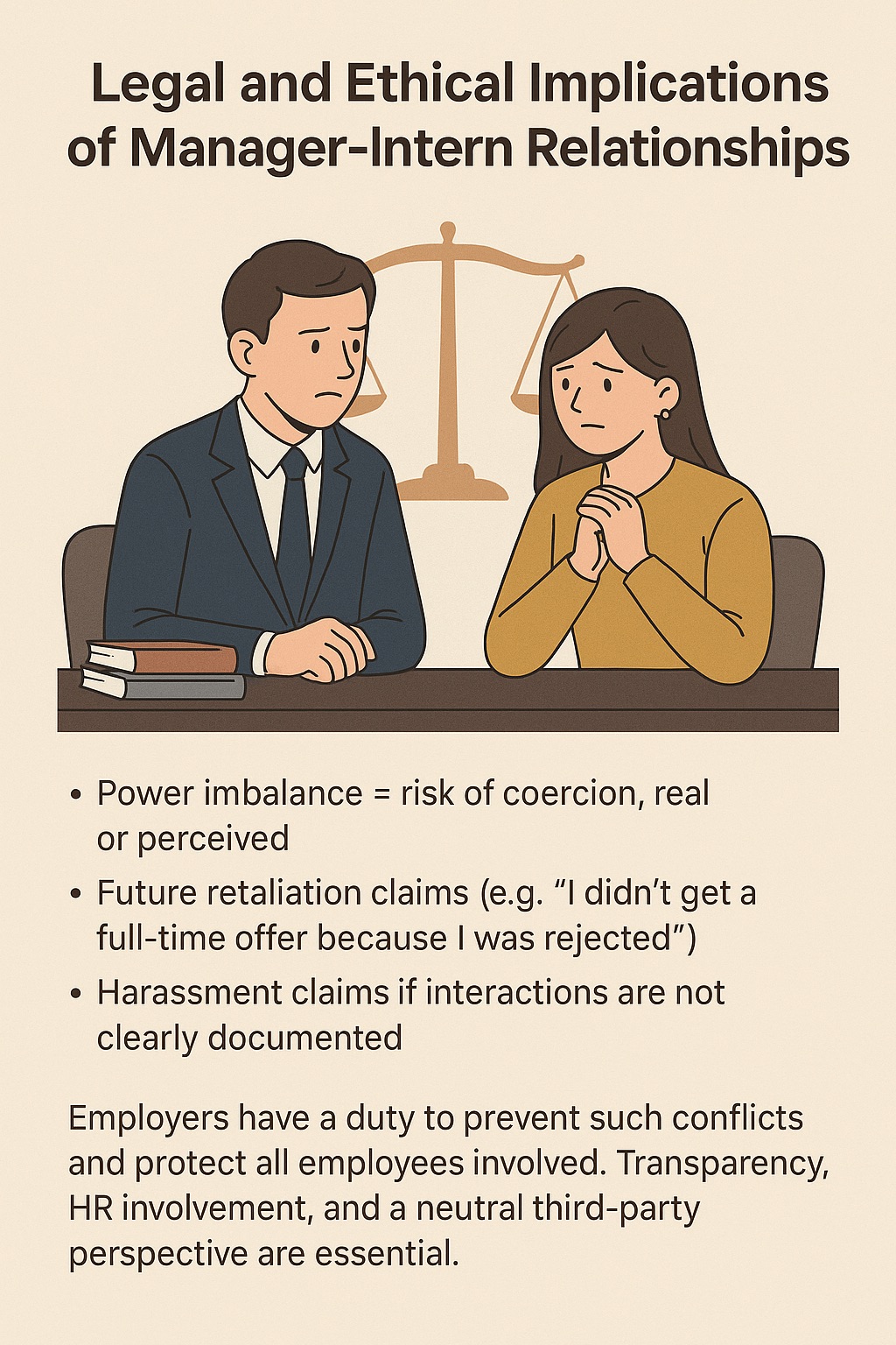 An infographic illustrating the legal and ethical implications of manager-intern relationships, including risks like power imbalance, retaliation, and harassment claims