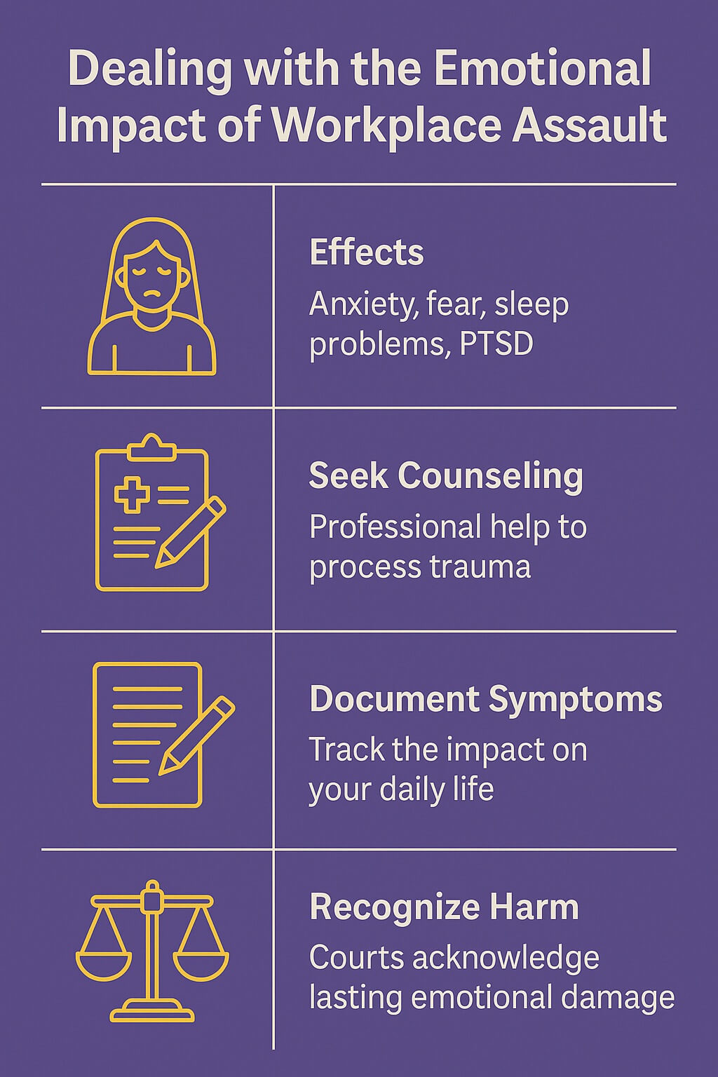 Infographic explaining how to deal with the emotional impact of workplace assault, including effects, counseling, documenting symptoms, and recognizing harm.