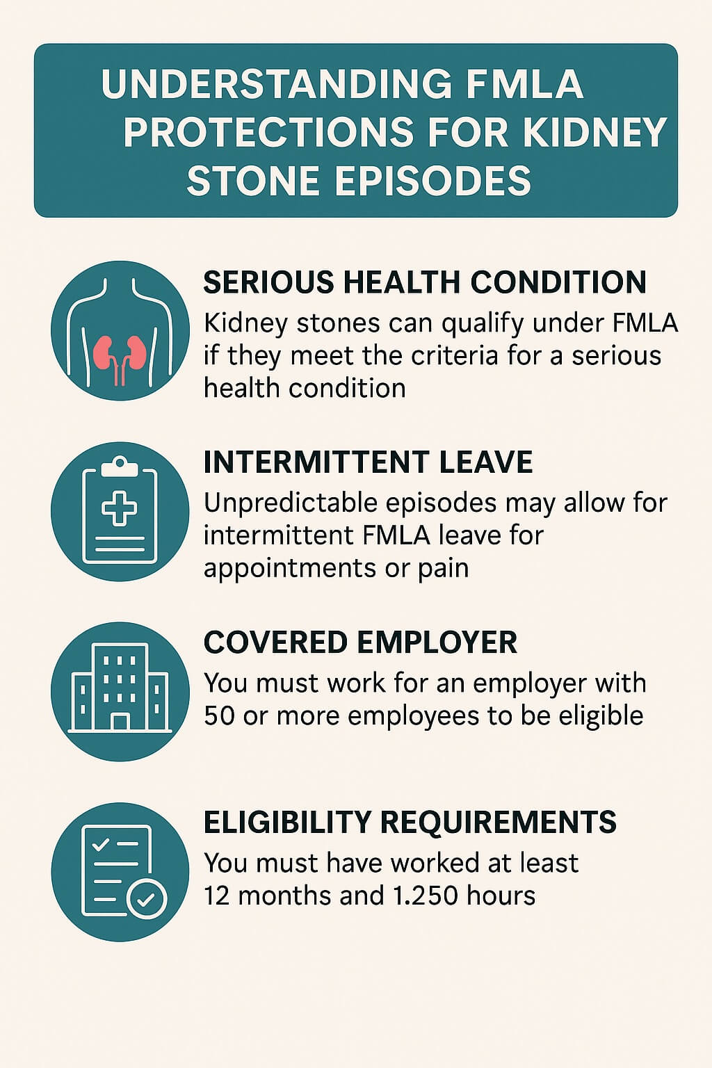 Infographic explaining FMLA protections for kidney stone episodes, covering serious health condition, intermittent leave, covered employer, and eligibility requirements.