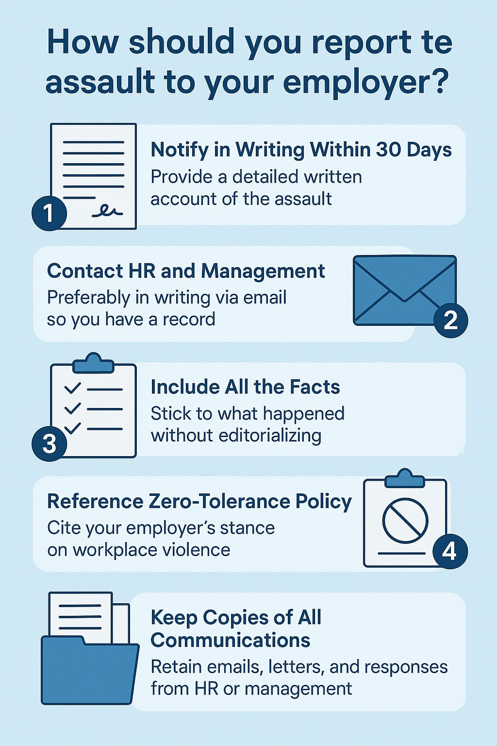 Infographic explaining how to report a workplace assault to an employer, including notifying in writing, contacting HR, including facts, referencing zero-tolerance policies, and keeping records.