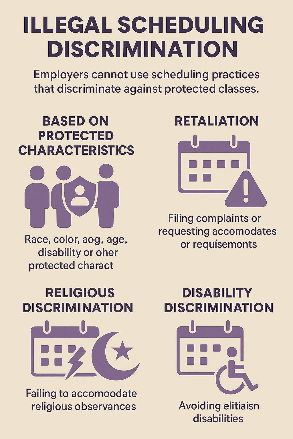 Infographic showing four types of illegal scheduling discrimination: gender, religious, retaliation, and disability, each represented with simple icons.