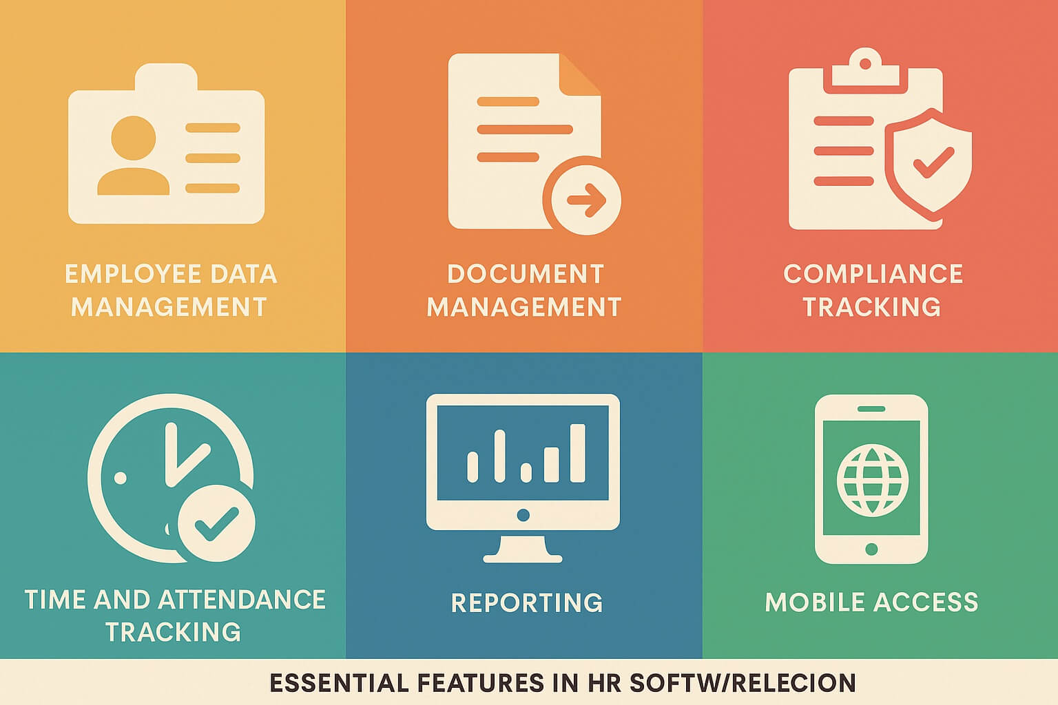 Infographic showing six essential HR software features: employee data management, document management, compliance tracking, time and attendance tracking, reporting, and mobile access.