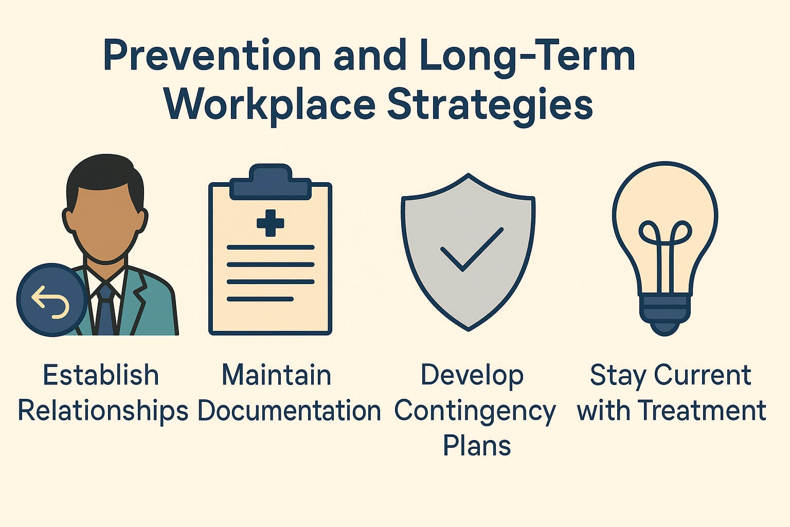 Infographic on prevention and long-term workplace strategies for recurring kidney stones, featuring icons for relationships, documentation, contingency plans, and treatment.
