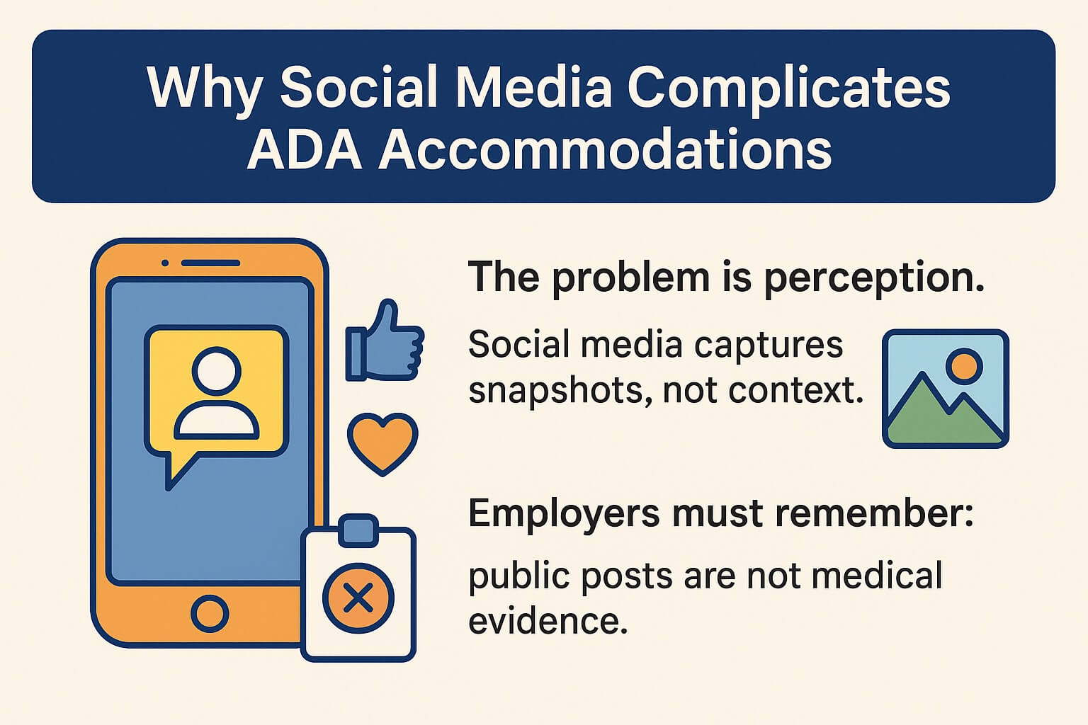 Infographic titled “Why Social Media Complicates ADA Accommodations” showing a phone with social icons and text highlighting that social media captures snapshots, not context, and that employers must remember public posts are not medical evidence.