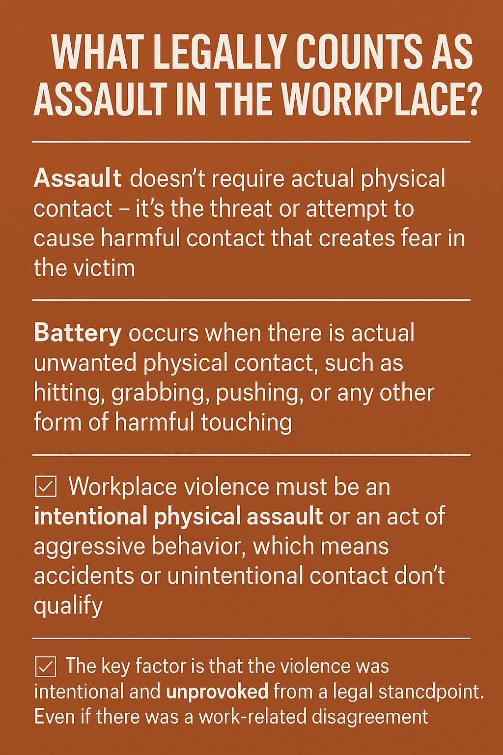 Infographic explaining what legally counts as assault in the workplace, defining assault, battery, and intentional workplace violence.