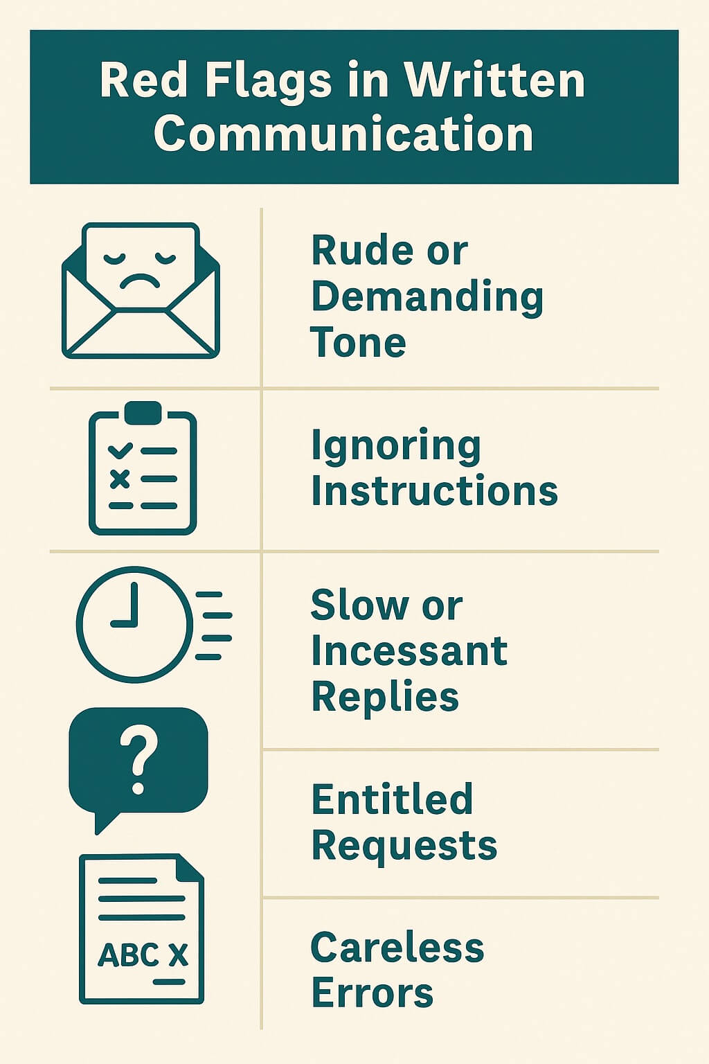 Blue and gray infographic titled “Red Flags in Written Communication,” featuring icons for email tone, following instructions, response timing, polite phrasing, and writing quality to help HR identify communication warning signs.