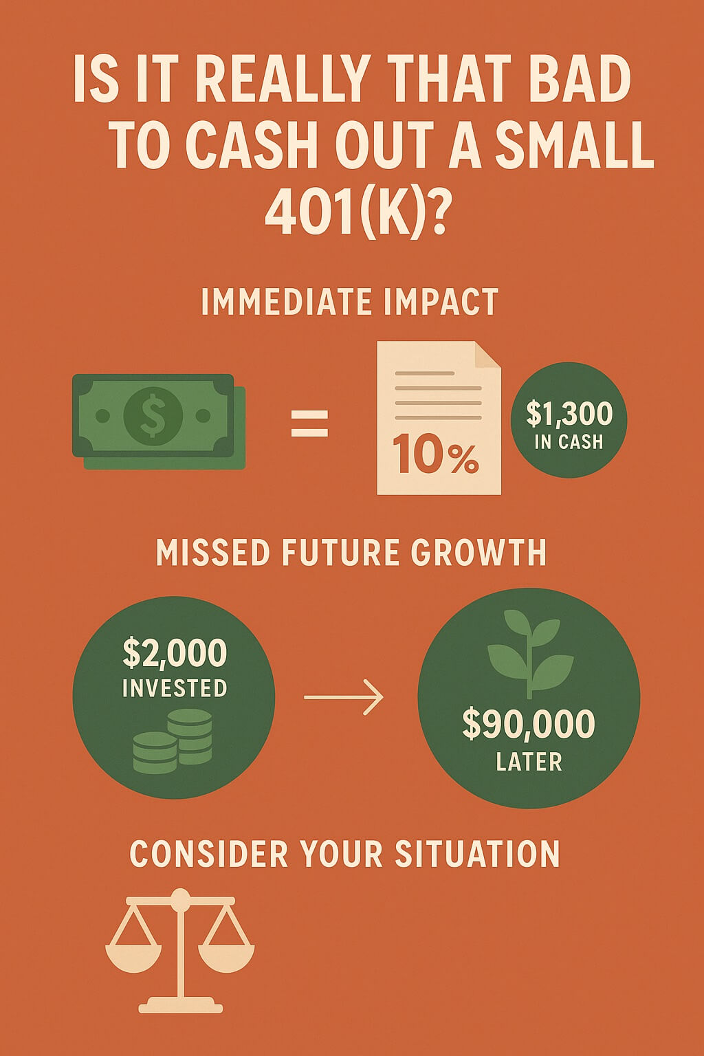 Infographic explaining the impact of cashing out a small 401(k), showing $2,000 becoming $1,300 after taxes and penalties versus growing to $90,000 over 40 years, with a scale icon symbolizing weighing short-term needs against long-term gains.