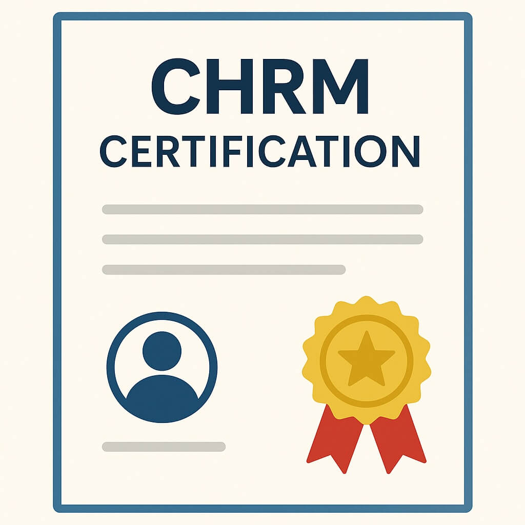 Illustration of a CHRM Certification certificate with a gold seal, profile icon, and bold blue text representing Certified Human Resources Manager accreditation.