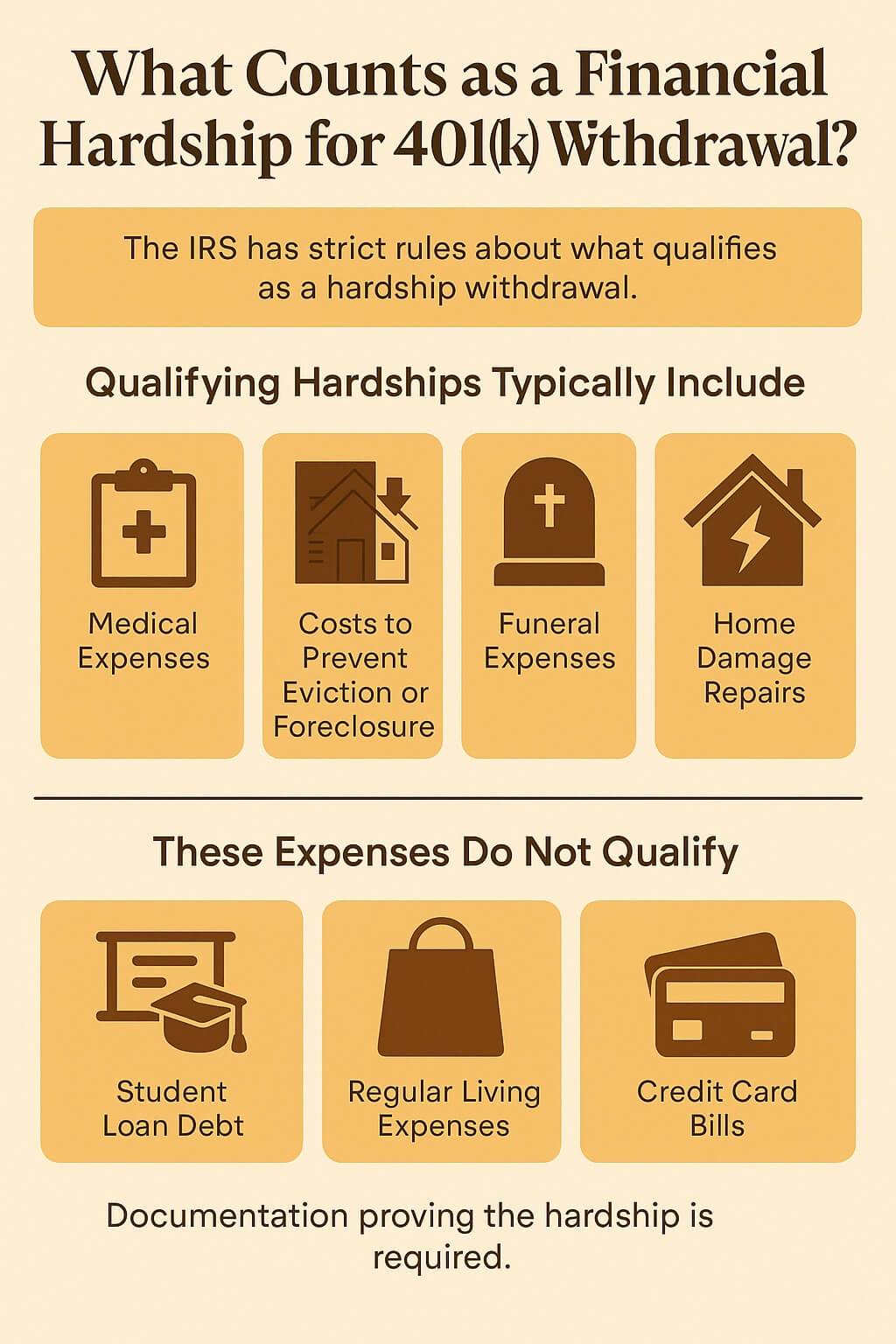 Infographic explaining what qualifies as a financial hardship for a 401(k) withdrawal, showing icons for eligible cases like medical expenses, eviction prevention, funerals, and home repairs, and non-qualifying cases like student loans, living costs, and credit card bills.