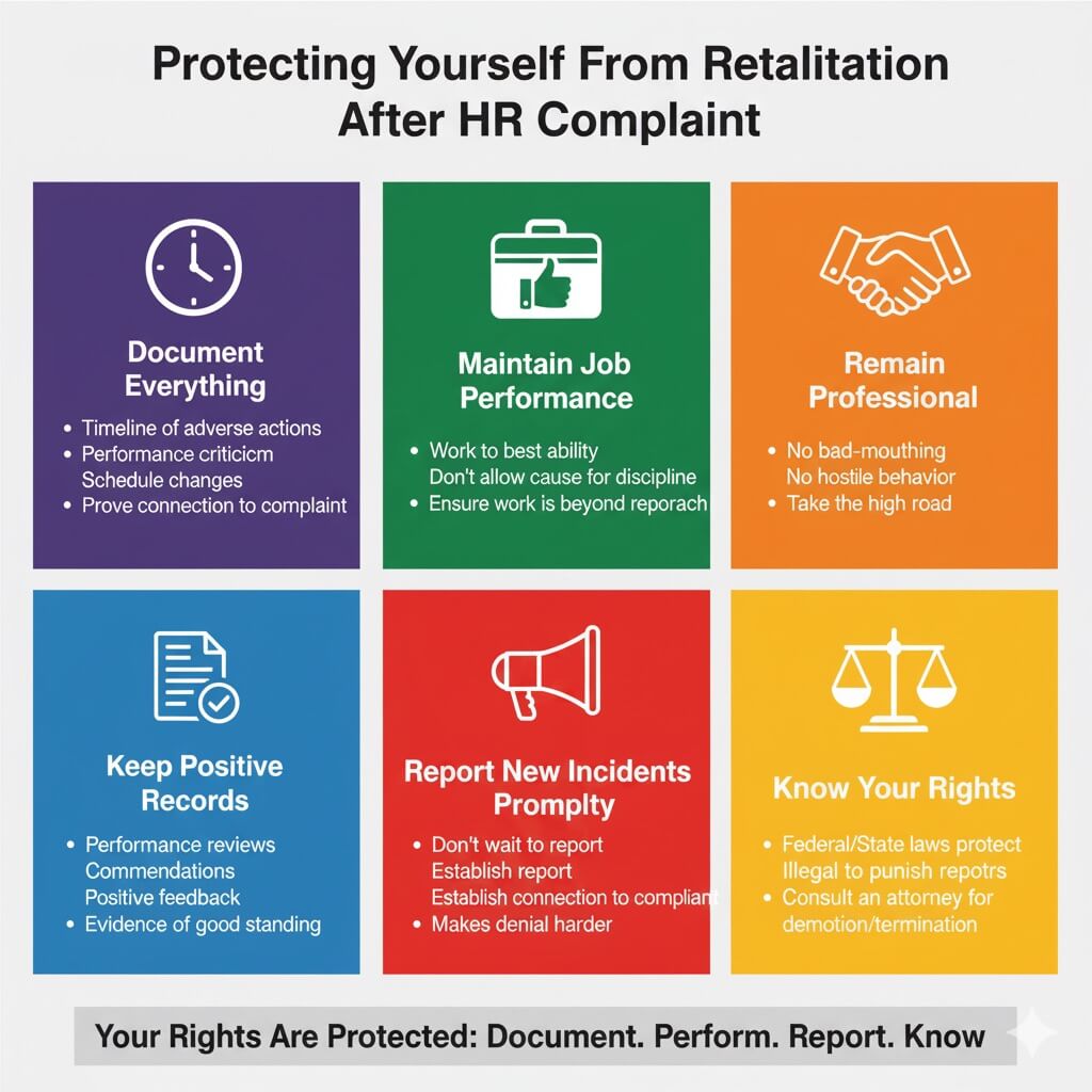 Infographic explaining how to protect yourself from workplace retaliation, featuring six tips: document everything, continue performing well, stay professional, keep positive feedback, report retaliation promptly, and know your rights.