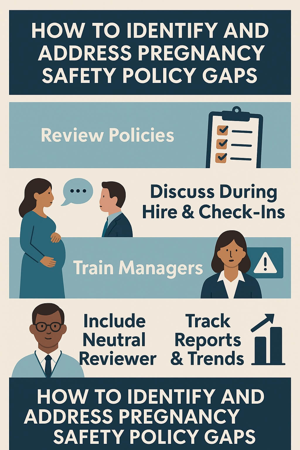 Infographic showing HR best practices for pregnancy safety, with illustrations for reviewing policies, holding check-ins, training managers, including neutral reviewers, and tracking workplace safety trends.