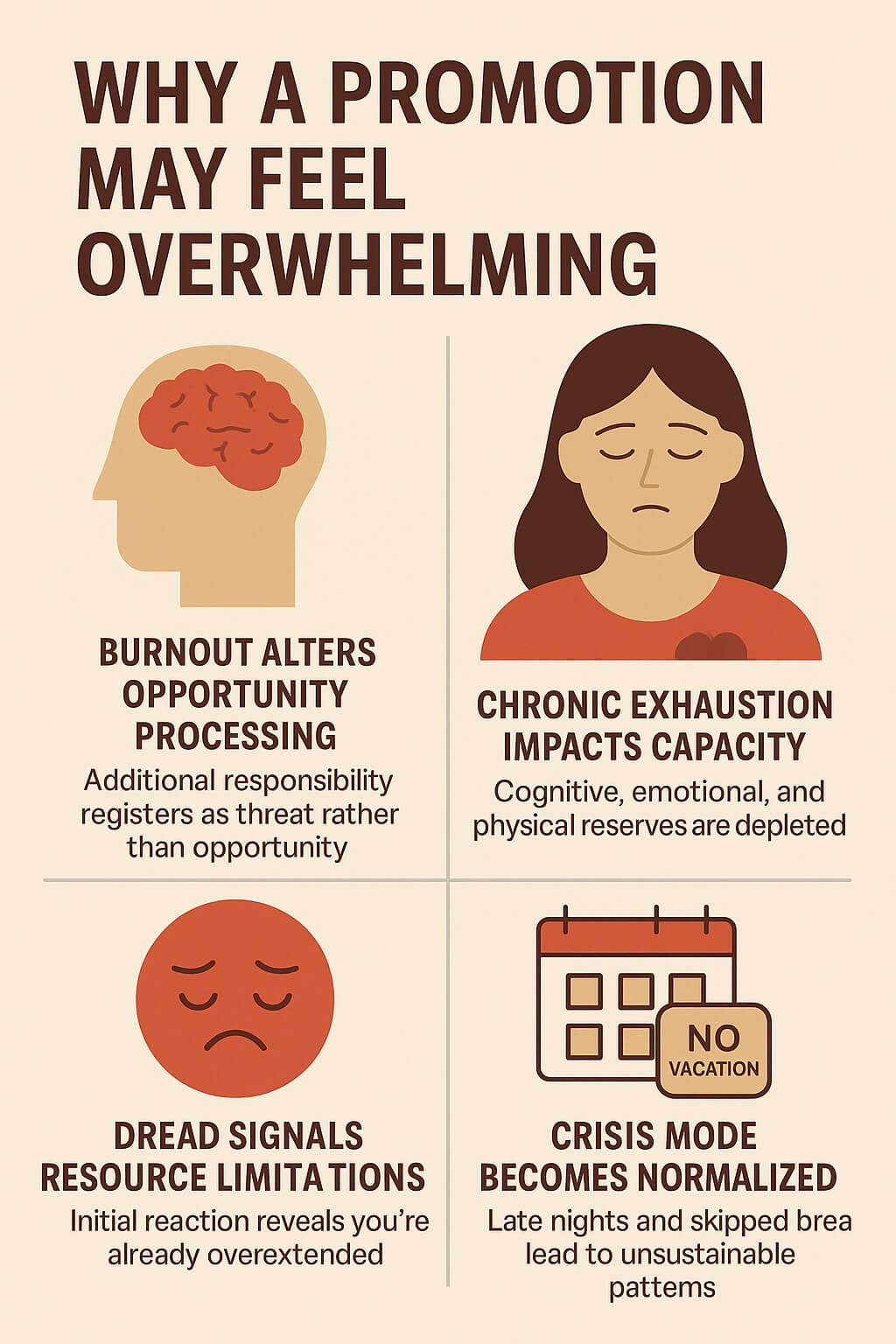 Infographic outlining warning signs of burnout: trouble concentrating, emotional flatness, persistent fatigue, increased negativity, social withdrawal, and daydreaming about escape or quitting.