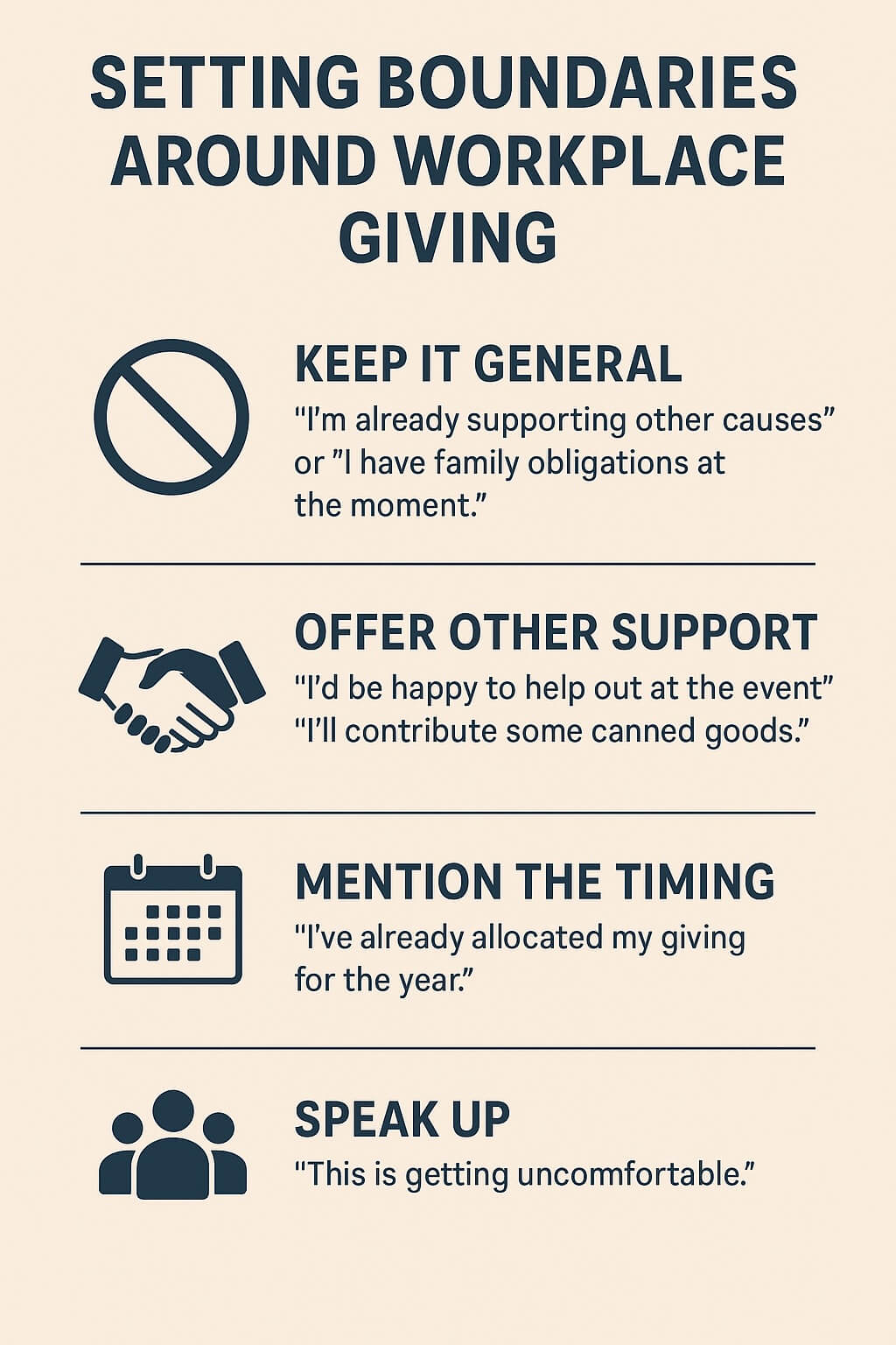 Portrait infographic explaining how to set boundaries around workplace giving without seeming selfish, featuring tips like keeping explanations general, offering other support, mentioning timing, and speaking up.