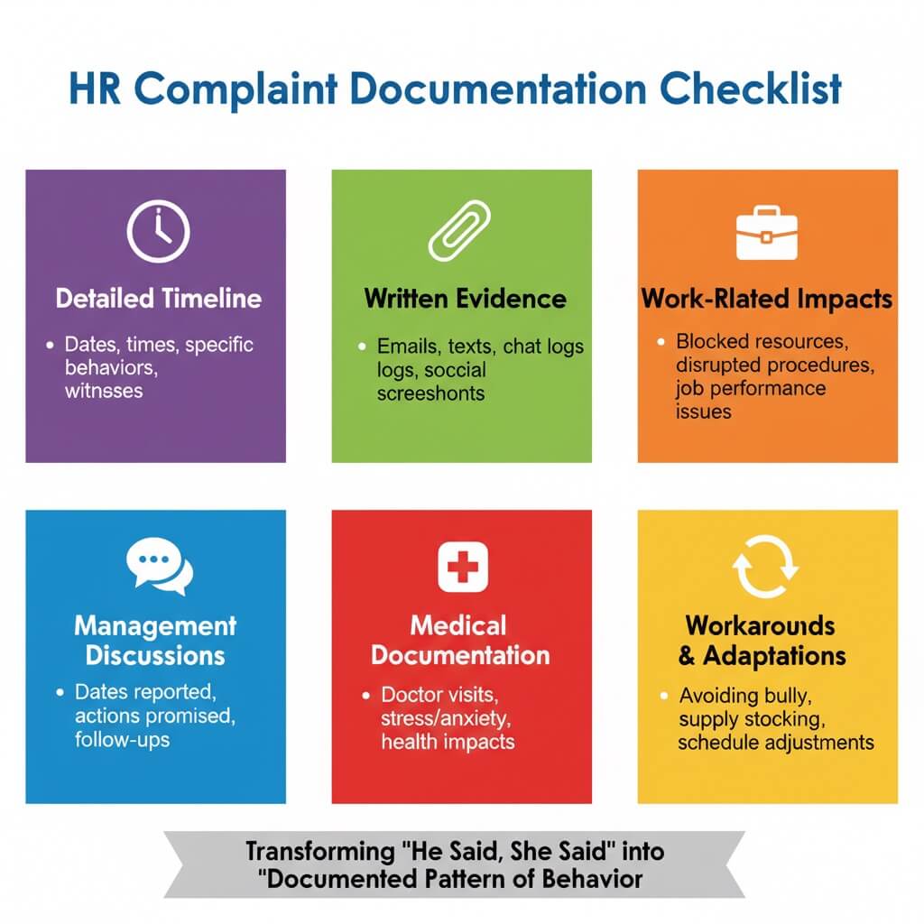 Infographic explaining when to contact HR about workplace bullying, with five sections detailing impact on work, subtle bullying behavior, effects on wellbeing, manager limitations, and supervisory abuse of power.