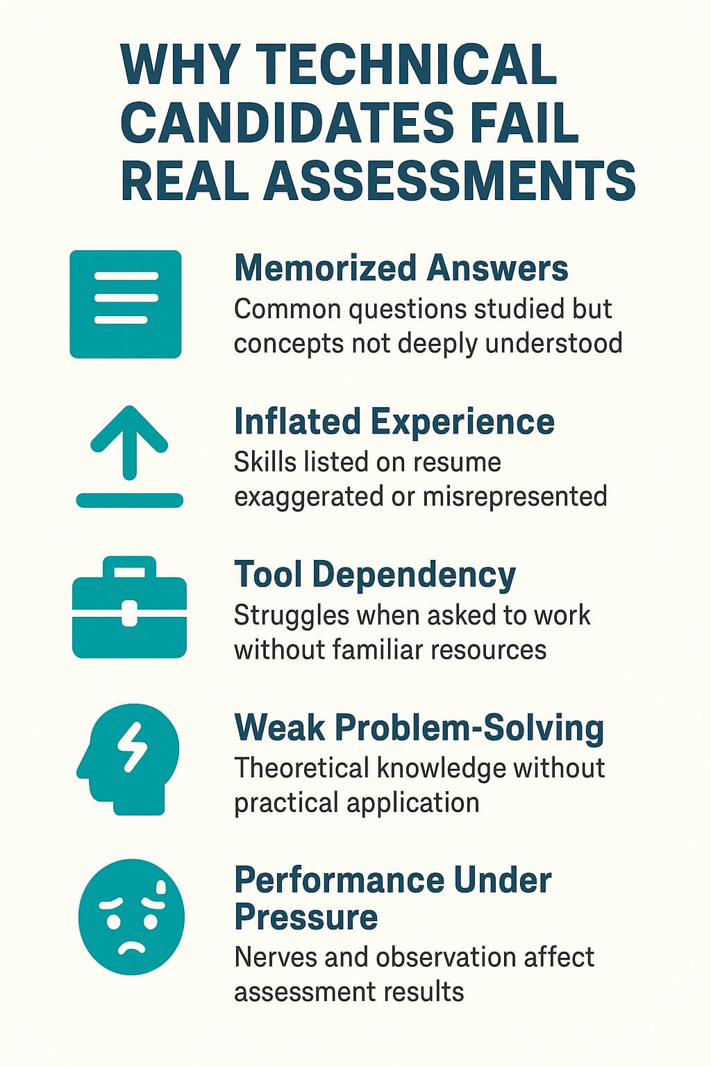 Vertical infographic titled “Why Technical Candidates Fail Real Assessments,” with teal icons and short descriptions explaining issues like memorized knowledge, resume exaggeration, reliance on tools, lack of practical application, and nervousness under pressure.