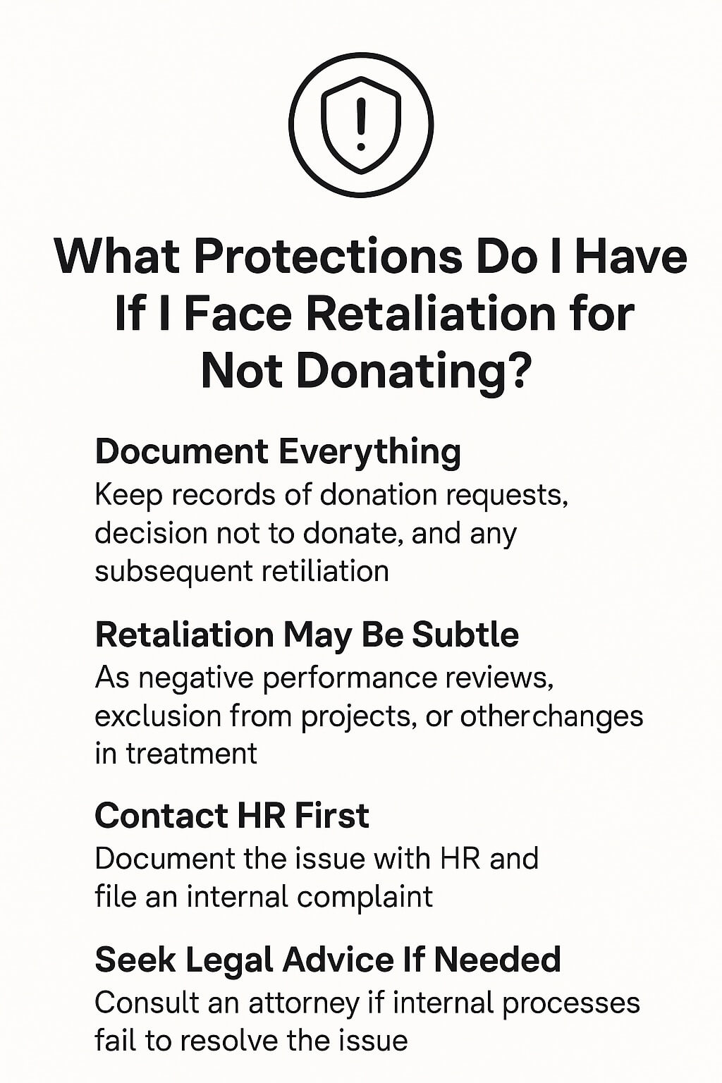 Simple white-background infographic explaining employee protections against retaliation for not donating at work, listing steps like documenting issues, recognizing subtle retaliation, contacting HR, and seeking legal advice.