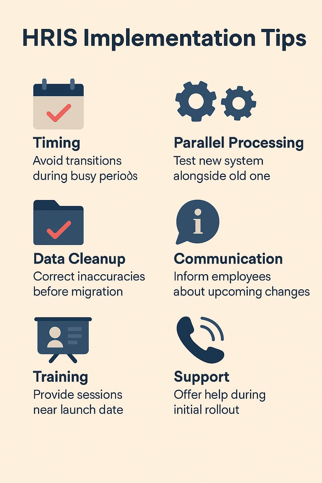 Infographic showing HRIS transition tips for small nonprofits including timing, running systems in parallel, cleaning data, communicating changes, training close to launch, and providing early support.