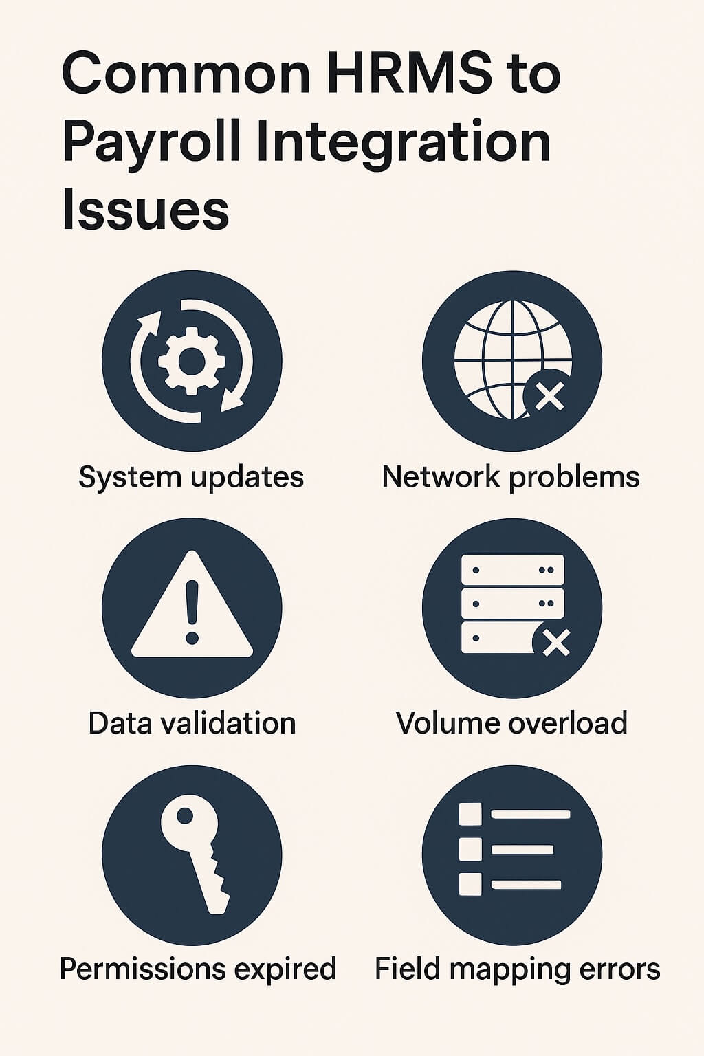 Infographic showing common HRMS–payroll integration fail points including updates, connectivity issues, data errors, heavy loads, expired keys, field changes, and duplicate records.