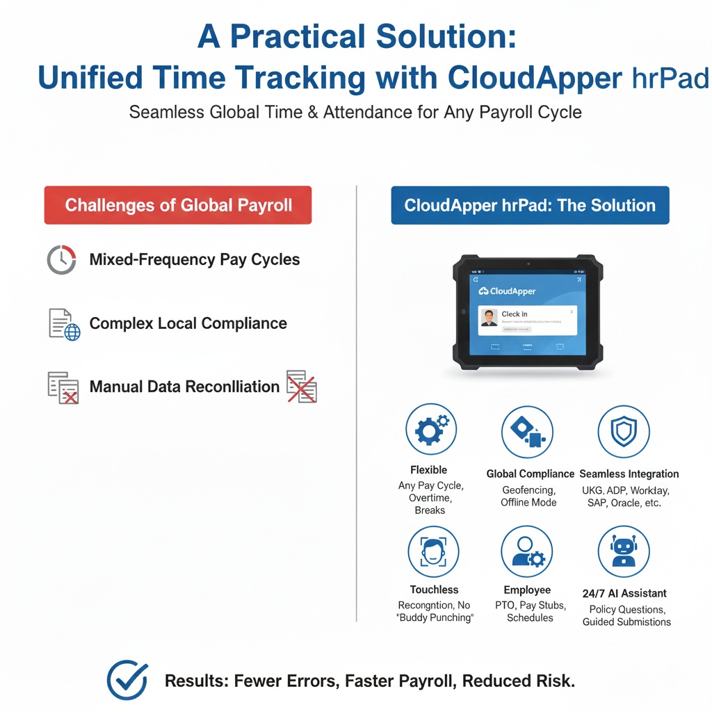 Infographic showing CloudApper hrPad features including flexible pay cycles, country-specific compliance, and seamless HCM integration.
