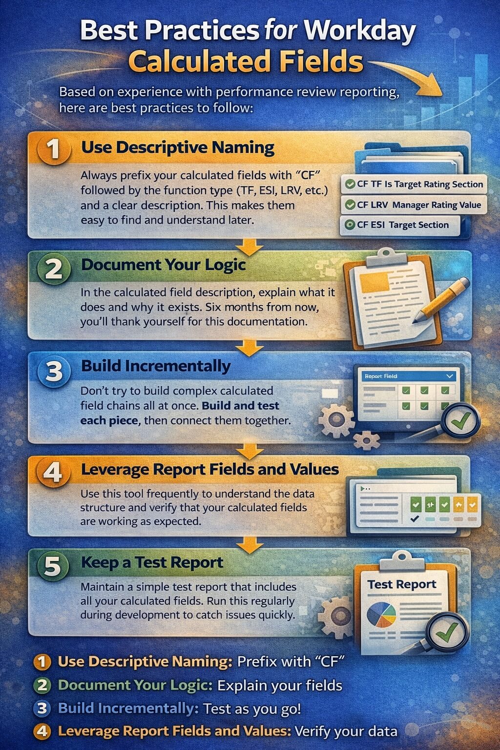 Infographic showing best practices for Workday calculated fields, including descriptive naming, documenting logic, incremental development, using report fields and values, and maintaining a test report.