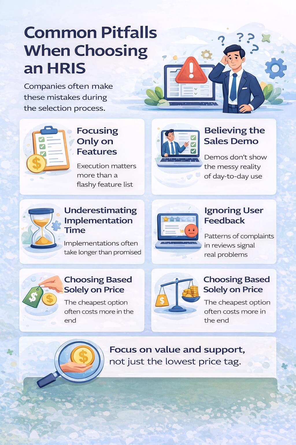 Infographic showing common pitfalls when choosing an HRIS, including focusing only on features, trusting sales demos, underestimating implementation time, ignoring user feedback, and choosing based on price alone