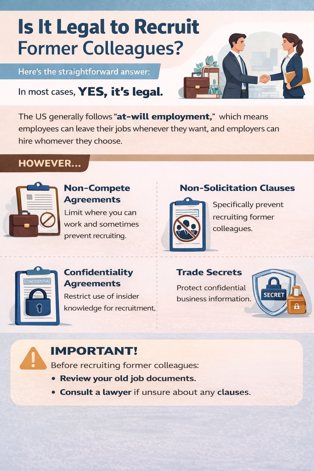 Infographic showing when it is legal to recruit former colleagues, highlighting non-compete, non-solicitation, confidentiality agreements, and trade secrets.