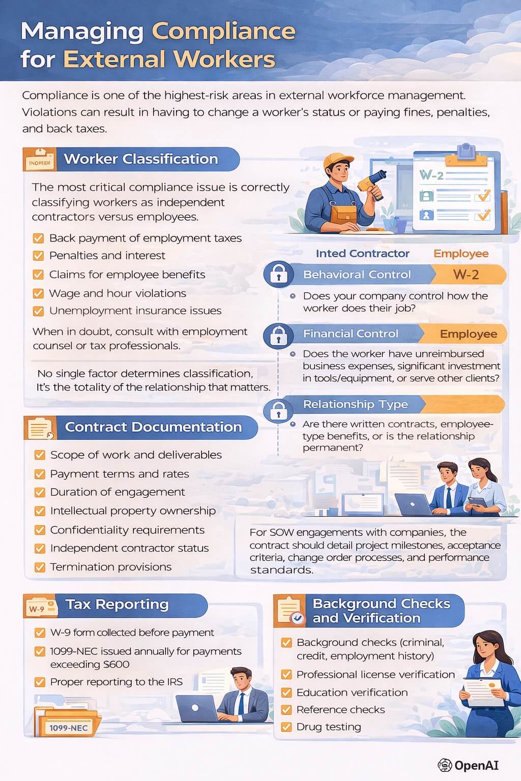 Infographic outlining compliance requirements for external workers, including worker classification, contracts, tax reporting, and background checks.