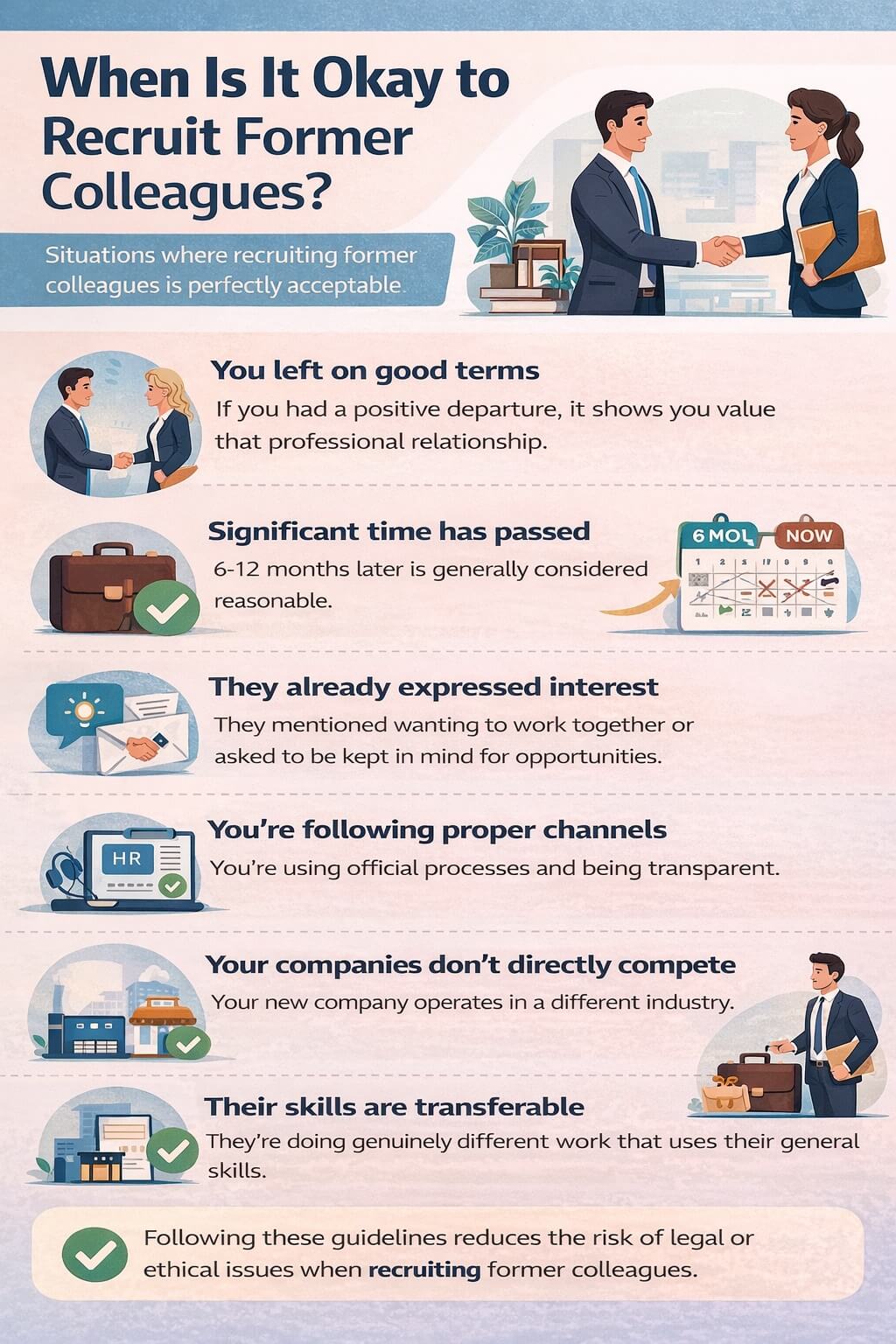 Infographic showing situations where it is acceptable to recruit former colleagues, such as leaving on good terms, waiting sufficient time, using proper hiring channels, and recruiting for non-competing roles.