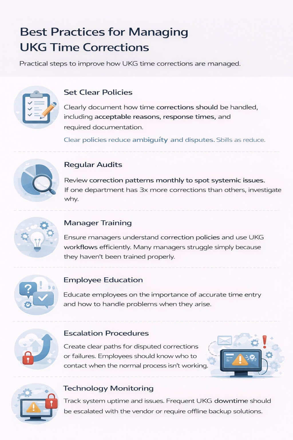 Minimal infographic outlining best practices for managing UKG time corrections, including clear policies, audits, manager training, employee education, escalation paths, and system monitoring.
