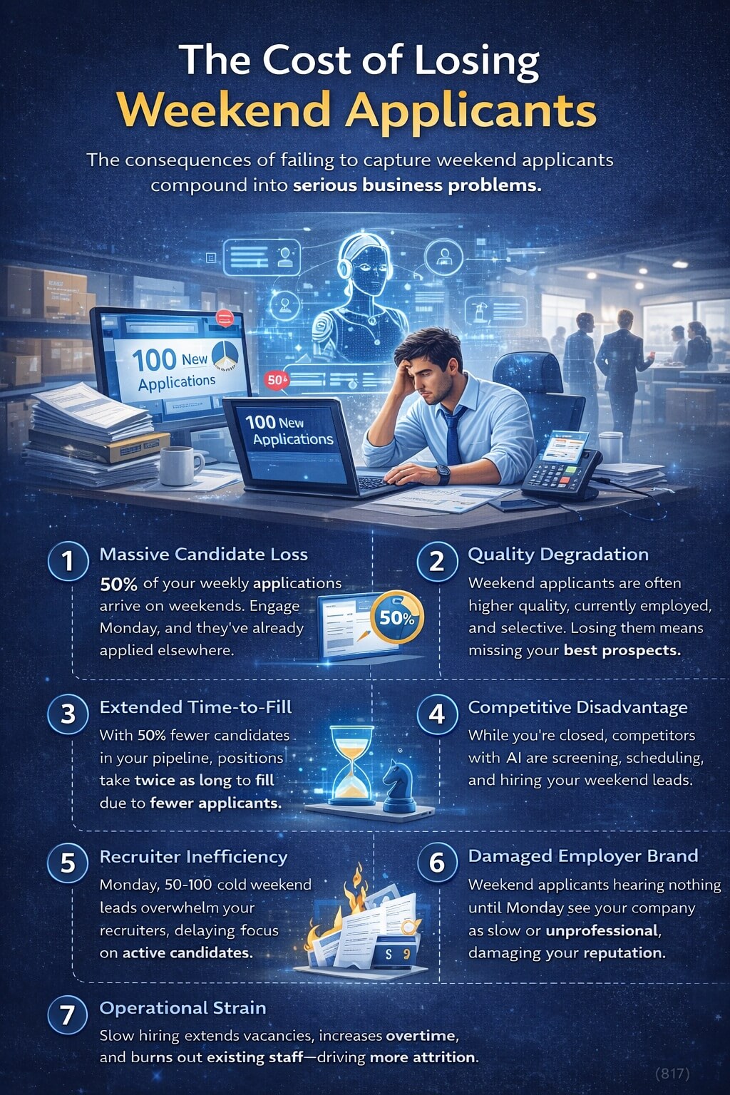 Infographic showing the business impact of losing weekend job applicants, including candidate loss, slower hiring, recruiter overload, and competitive disadvantage.