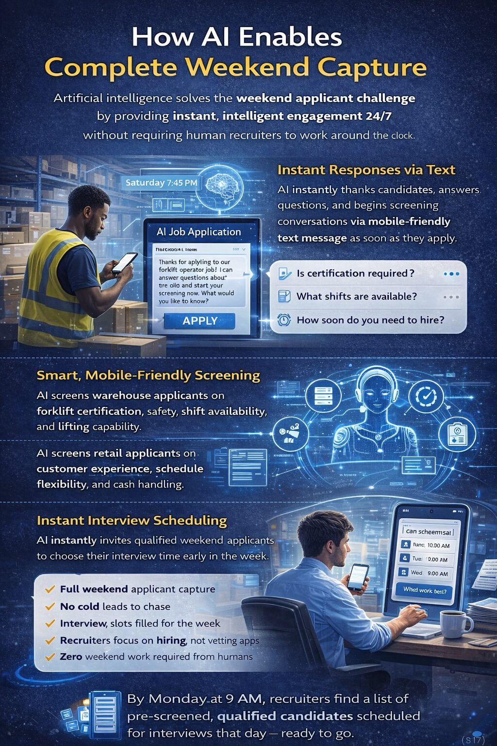 Infographic showing how AI captures weekend job applicants by instantly engaging, screening, and scheduling warehouse and retail candidates through text messaging without recruiter involvement.