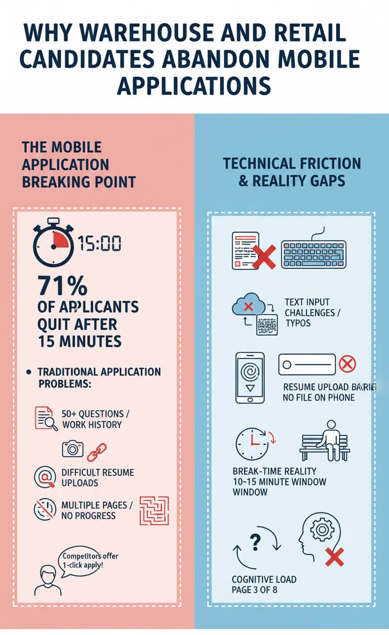 Infographic detailing the reasons why warehouse and retail candidates abandon mobile job applications, highlighting the 15-minute breaking point, technical friction issues like difficult resume uploads and text input challenges, the reality of break-time applications, cognitive load, and the competitive alternative factor.