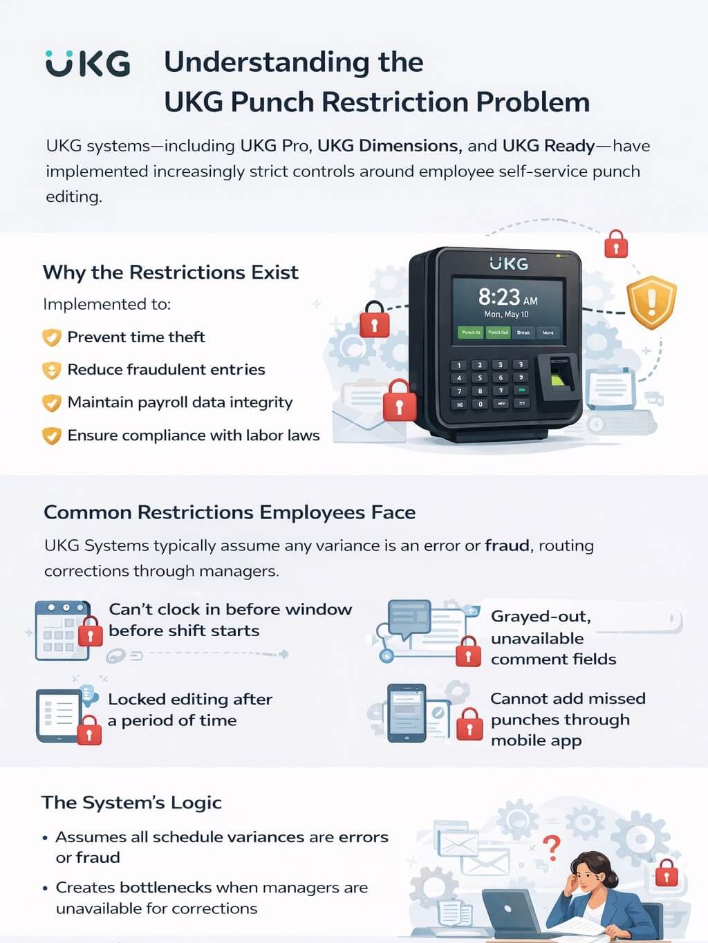 Minimal infographic explaining employee punch restrictions in UKG timekeeping systems, including locked edits, manager approval, and scheduling controls.