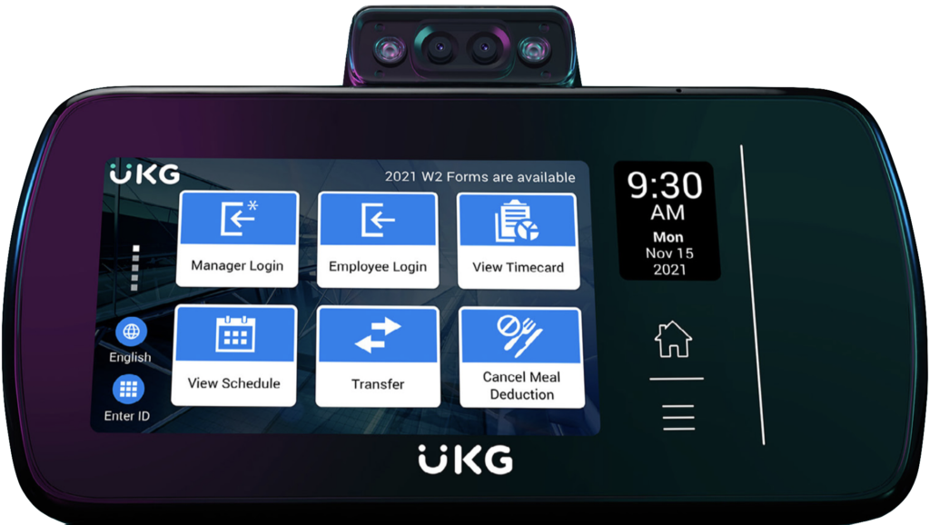 The UKG InTouch DX is a modern, intelligent timeclock designed for efficient, fast employee interaction, featuring a sleek, durable design with a responsive touchscreen.
