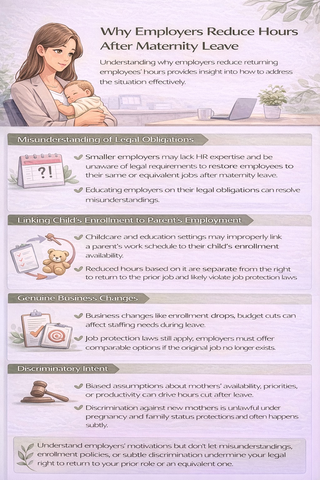 Infographic explaining why employers reduce hours after maternity leave, covering legal misunderstandings, child enrollment links, business changes, and discriminatory intent.