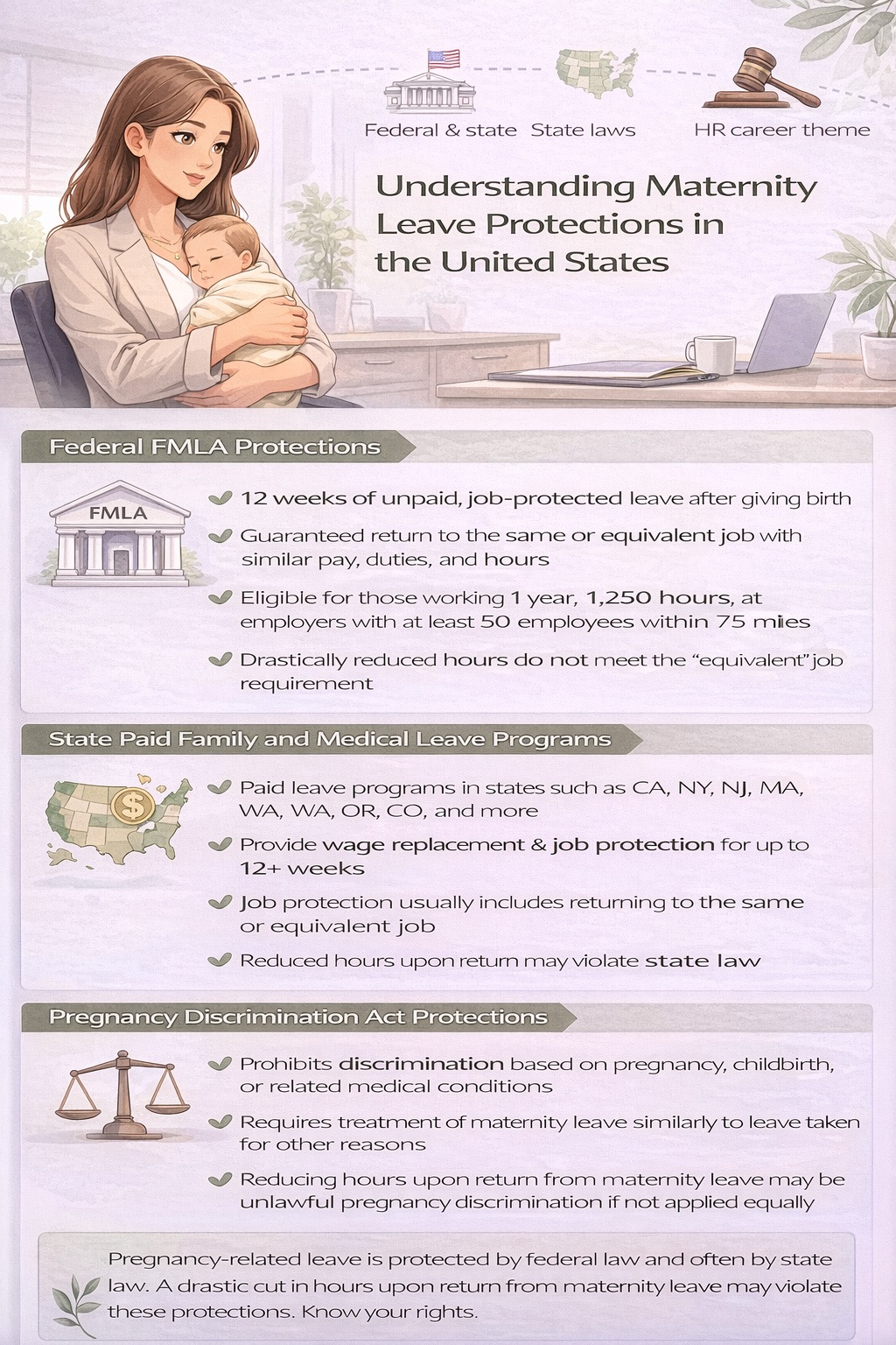 Infographic explaining U.S. maternity leave protections, including federal FMLA, state paid leave programs, and Pregnancy Discrimination Act rights.
