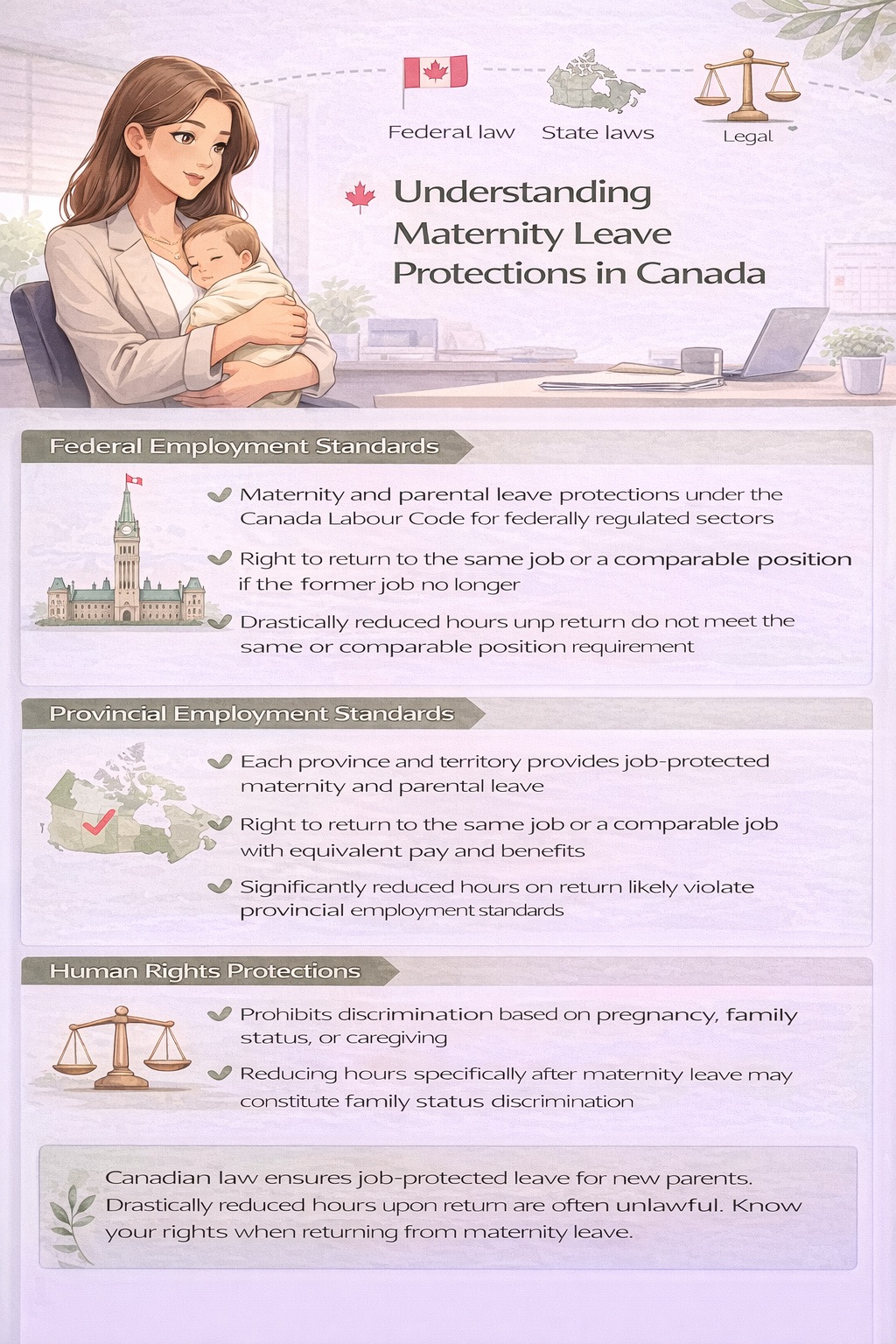 Portrait infographic explaining maternity leave protections in Canada, including federal and provincial employment standards and human rights protections for new parents.