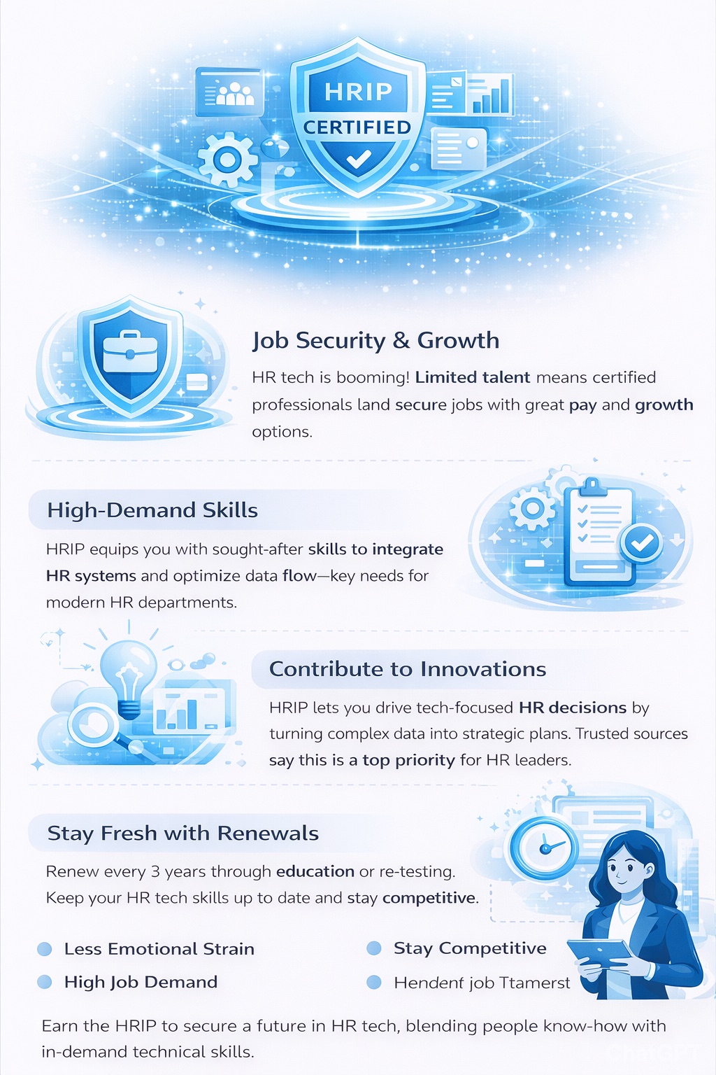 Portrait infographic showing the career benefits of earning HRIP certification, including job security, high-demand HR tech skills, innovation opportunities, and ongoing professional development