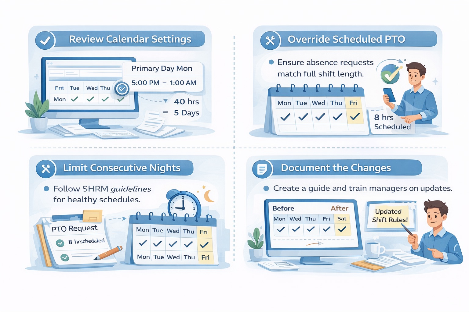 Infographic showing practical steps to fix overnight shift time-tracking issues including calendar day breaker setup, absence hour override, and documentation
