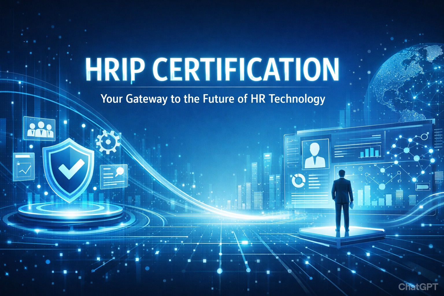 Clean futuristic HR technology dashboard illustration representing HRIP certification and digital HR transformation